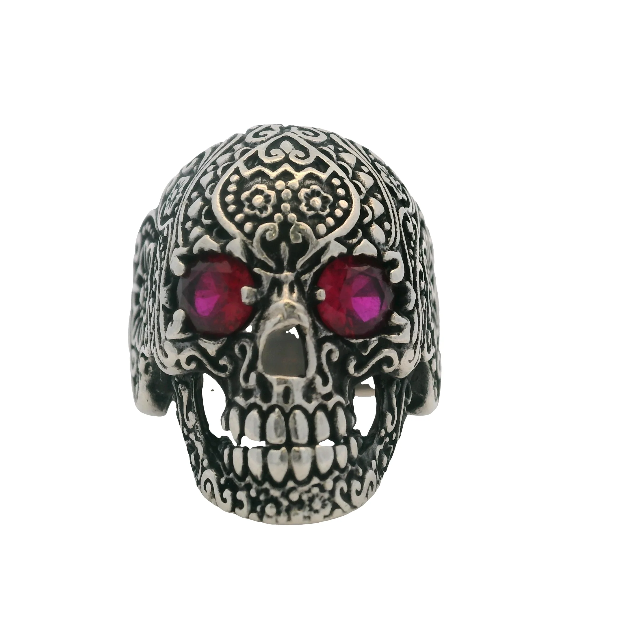 925 Sterling Silver Sugar Skull Skeleton Floral Ring with Lab Ruby Eyes Size 11