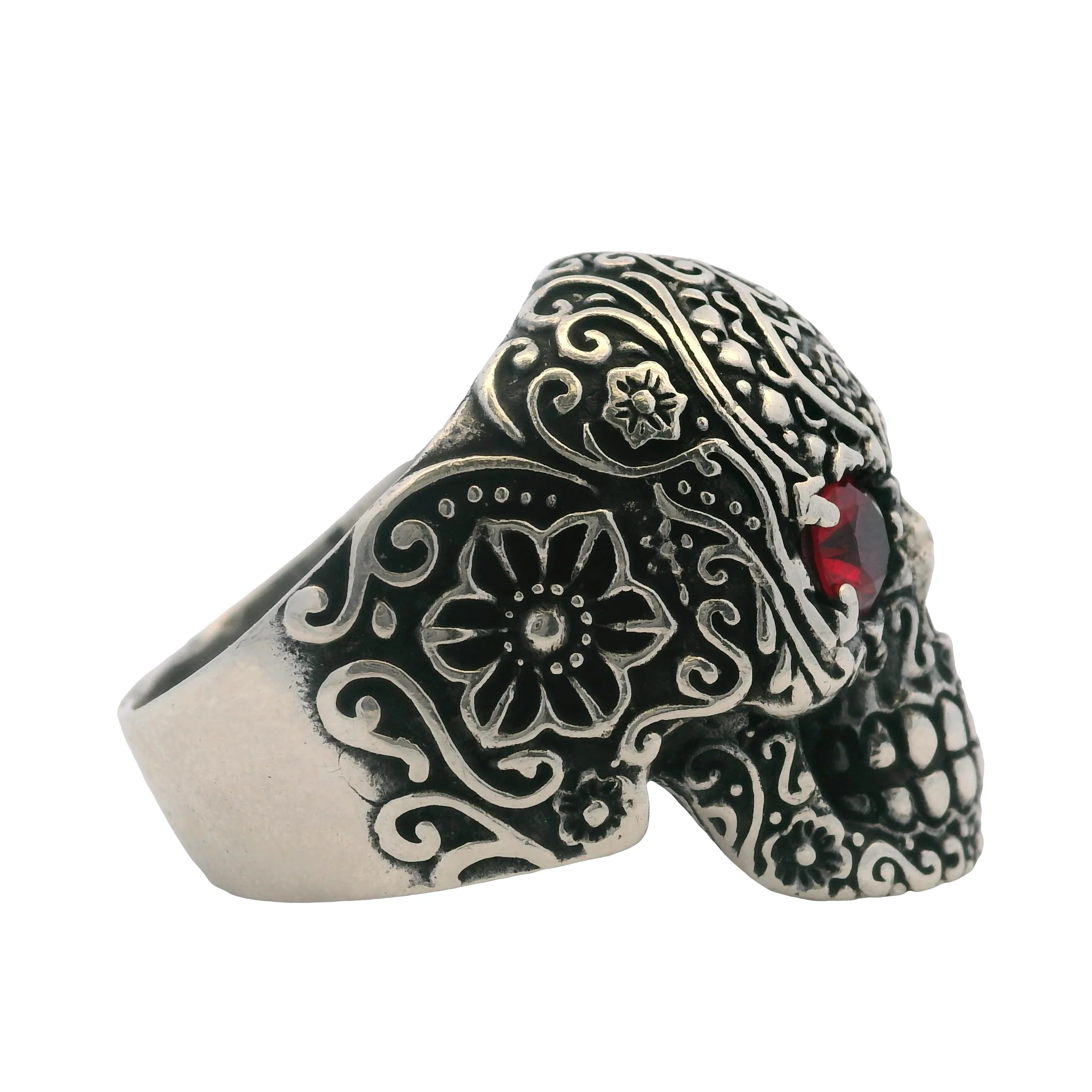 925 Sterling Silver Sugar Skull Skeleton Floral Ring with Lab Ruby Eyes Size 11 - Image 3