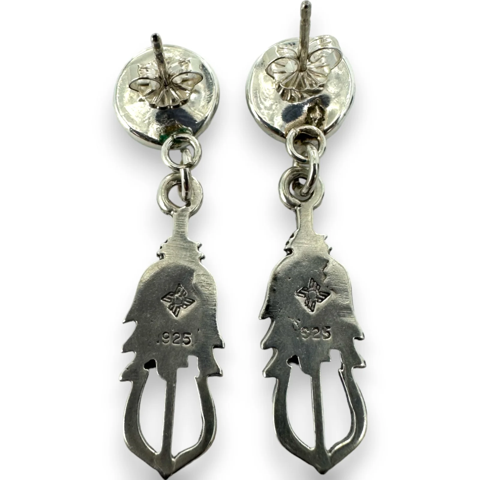 925 Sterling Silver Sunwest Brand Stamped Native American Charm Drop Dangle Earrings With Plastic Stone Accents - Image 3