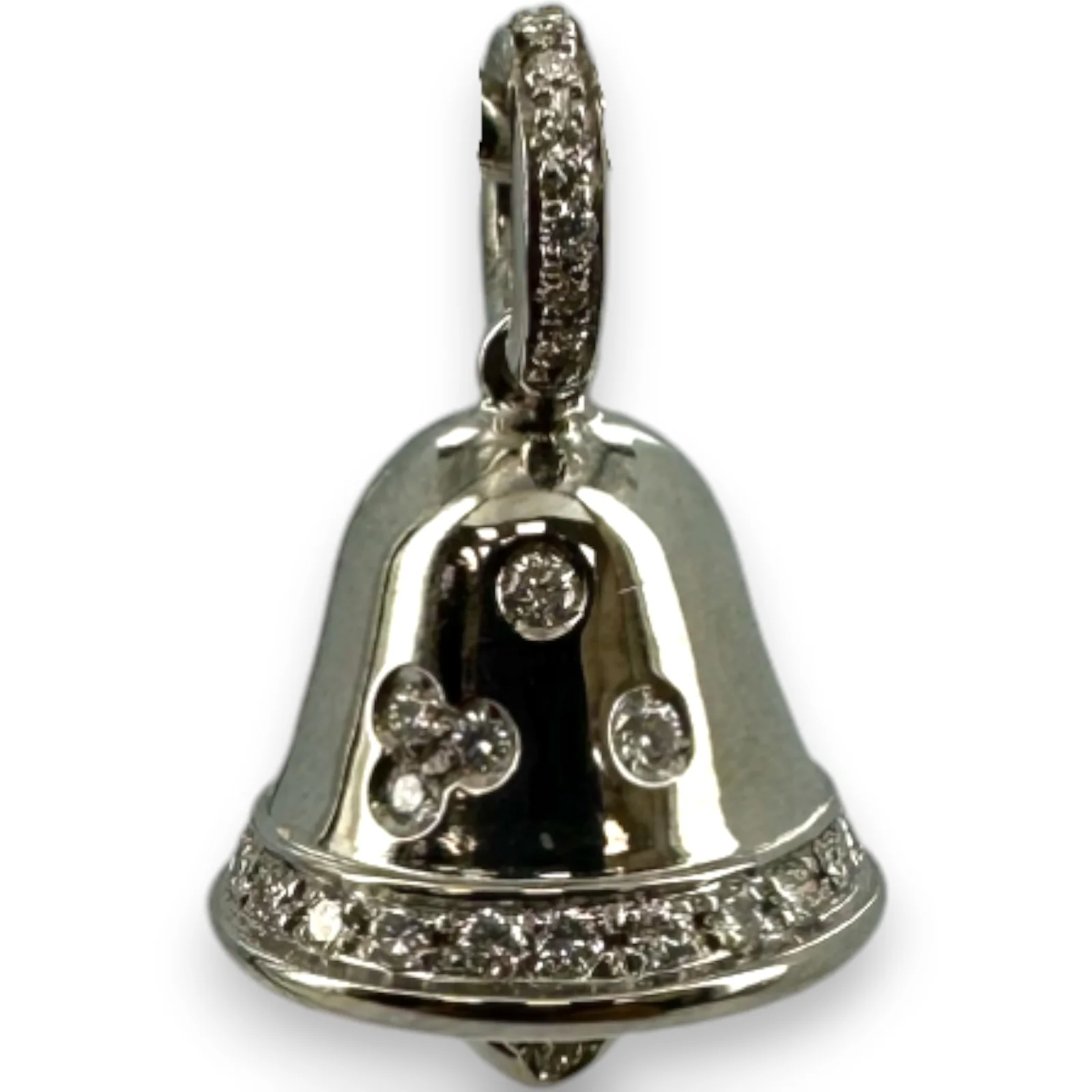 Aaron Basha Retired Rare 18kt Solid White Gold and White Diamond Working Bell Pendant Made in Italy