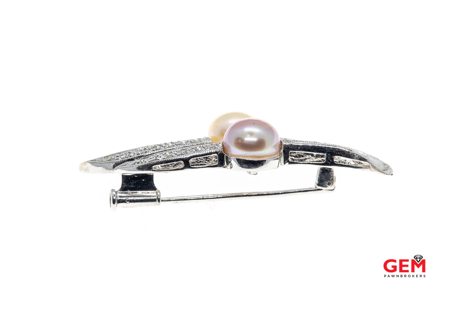 Alopa 18KT Solid White Gold Pin Brooch Diamond Pearl - Image 2