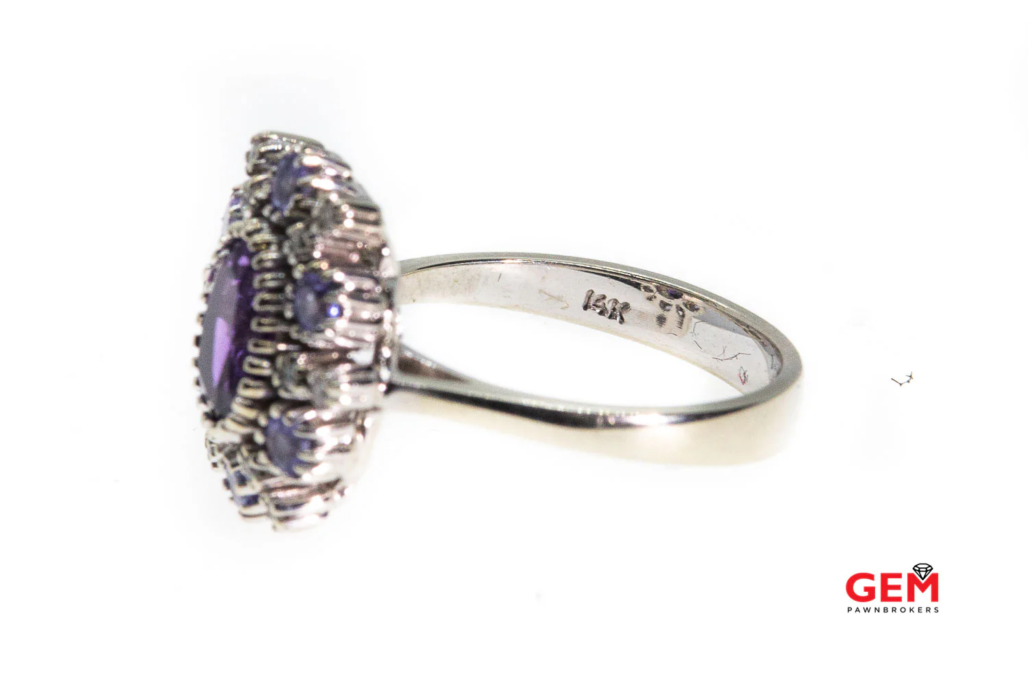 Amethyst & Diamond Cluster 14K 585 White Gold Cocktail Ring Size 6 - Image 4