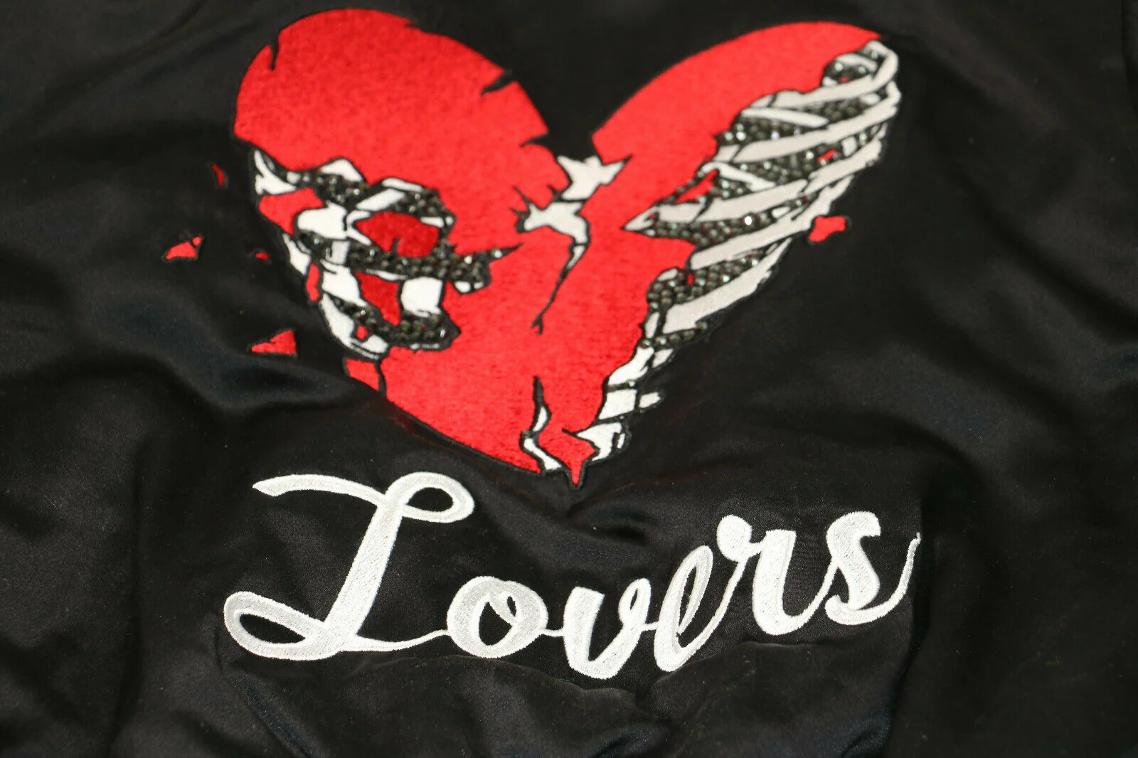 AMIRI Lovers Embroidered Satin Bomber Jacket in Black Size Small - Image 9