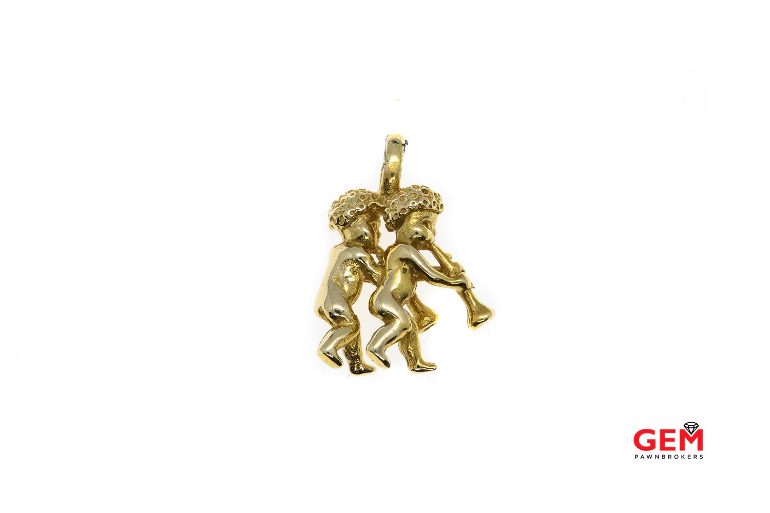 Angel Baby Cherub Playing Trumpets Drop Charm 14K 585 Yellow Gold Pendant - Image 3
