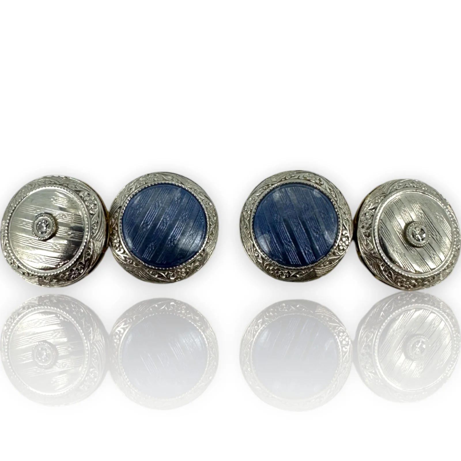 Antique 1900-1910s Edwardian Era Solid 14kt Yellow Gold and Platinum Top Reversible Cufflinks with Guilloché Enamel and Single Cut Diamonds