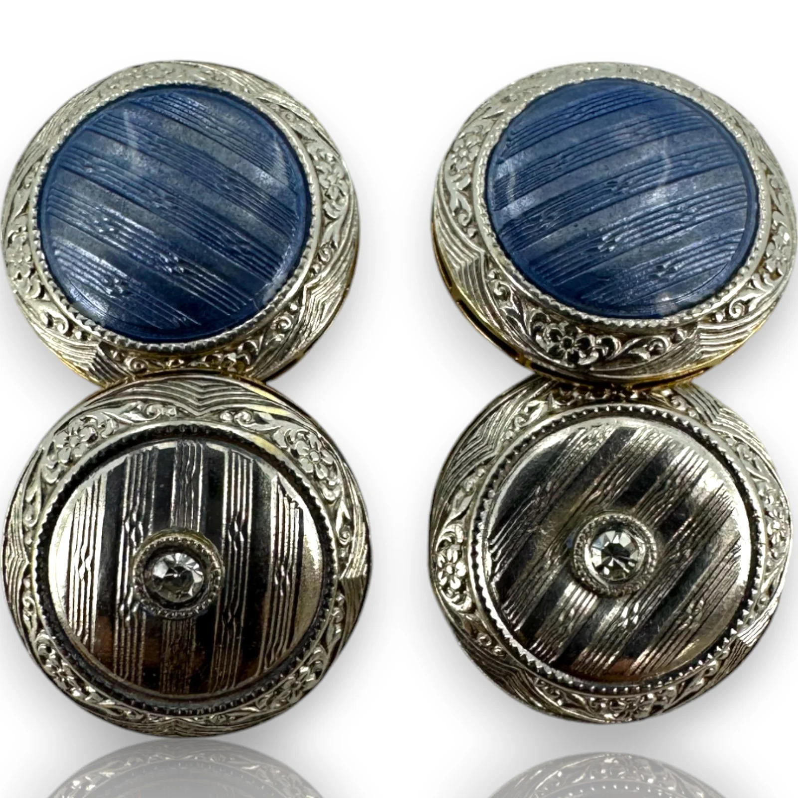Antique 1900-1910s Edwardian Era Solid 14kt Yellow Gold and Platinum Top Reversible Cufflinks with Guilloché Enamel and Single Cut Diamonds - Image 3
