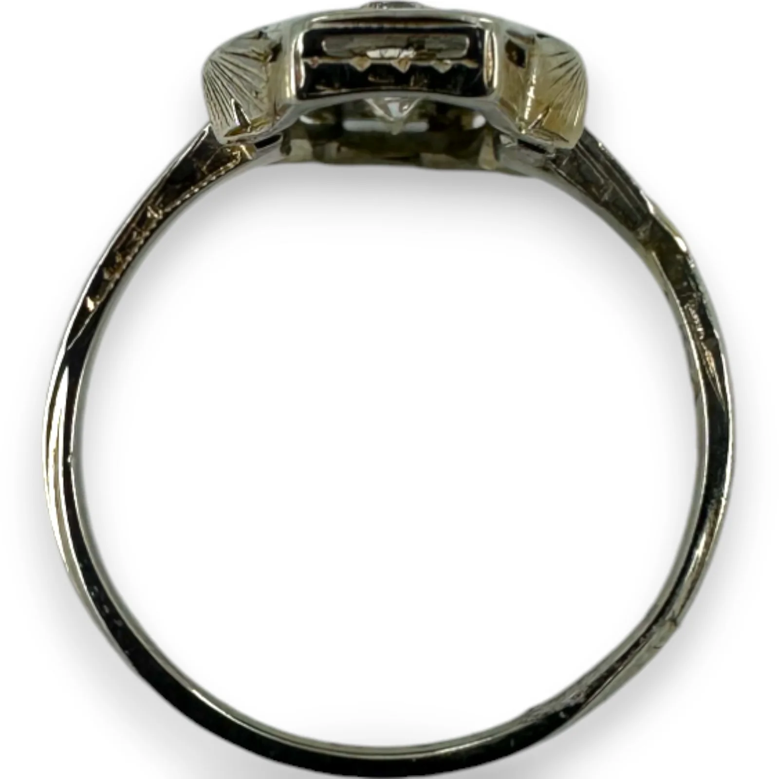 Antique 1910-20s Early Art Deco 18kt White Gold, Natural Old Mine Diamond, and Lab Sapphire Dinner Ring with Openwork Milgrain Detail Size 6.5 - Image 5