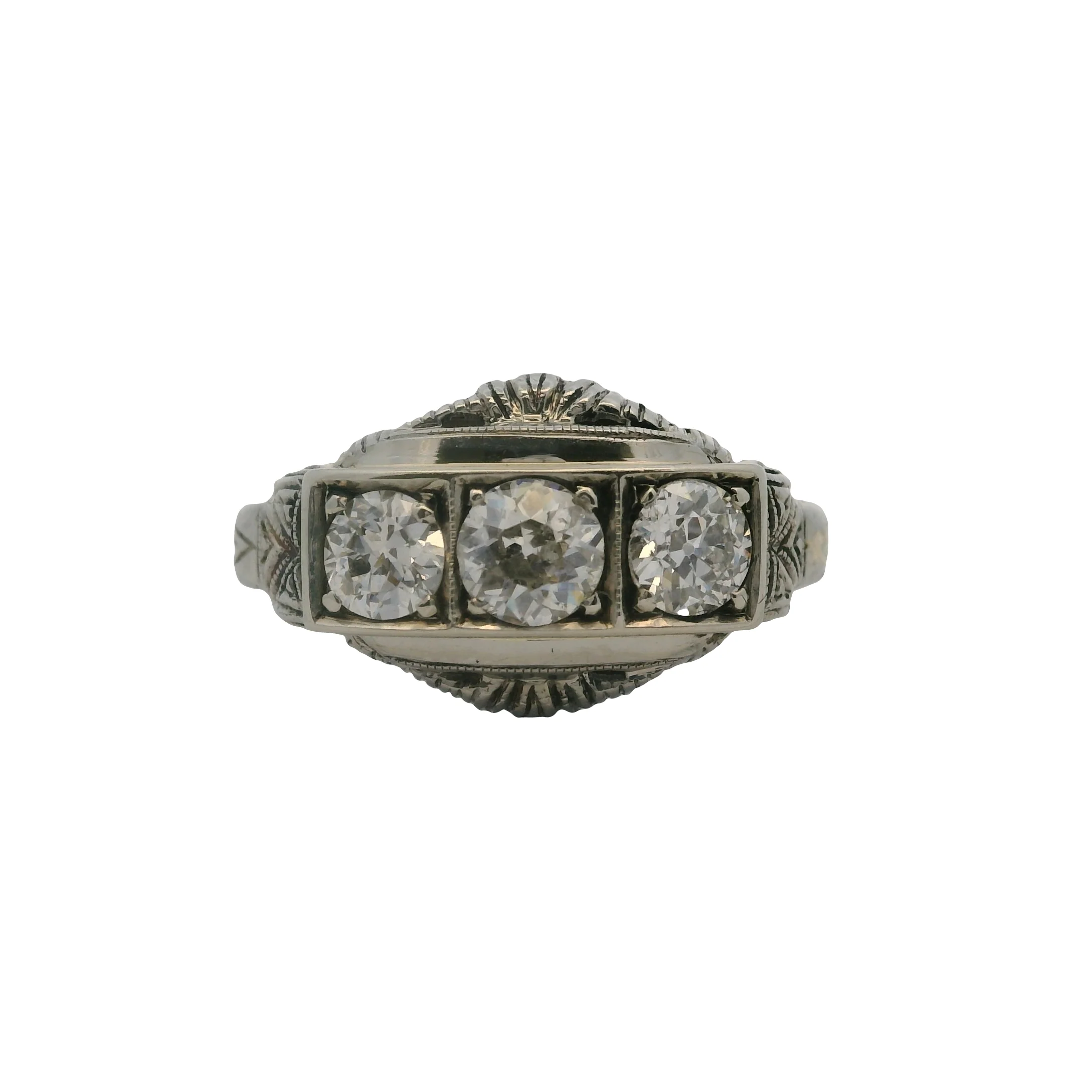 Antique 1910-20s Early Deco 18kt White Gold 3-Stone Old Euro Diamond Ring Size 6 - Image 2