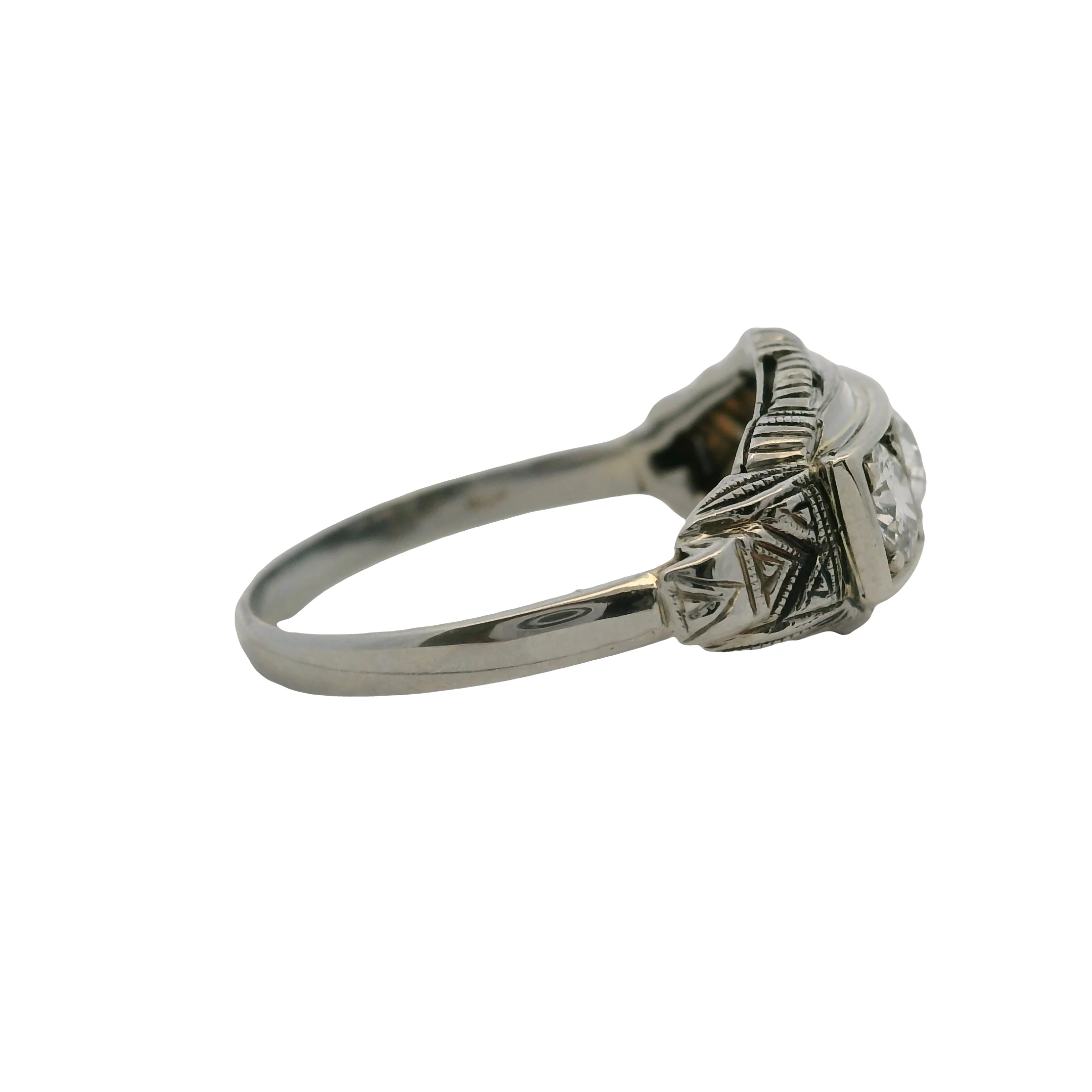 Antique 1910-20s Early Deco 18kt White Gold 3-Stone Old Euro Diamond Ring Size 6 - Image 4