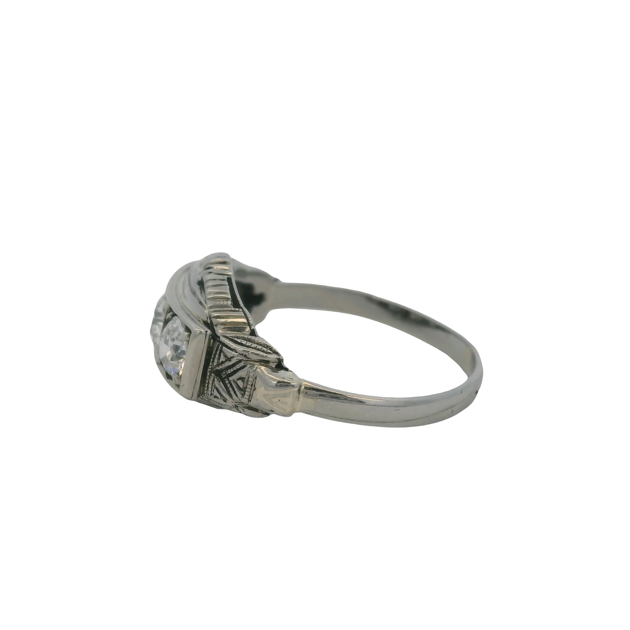 Antique 1910-20s Early Deco 18kt White Gold 3-Stone Old Euro Diamond Ring Size 6 - Image 5