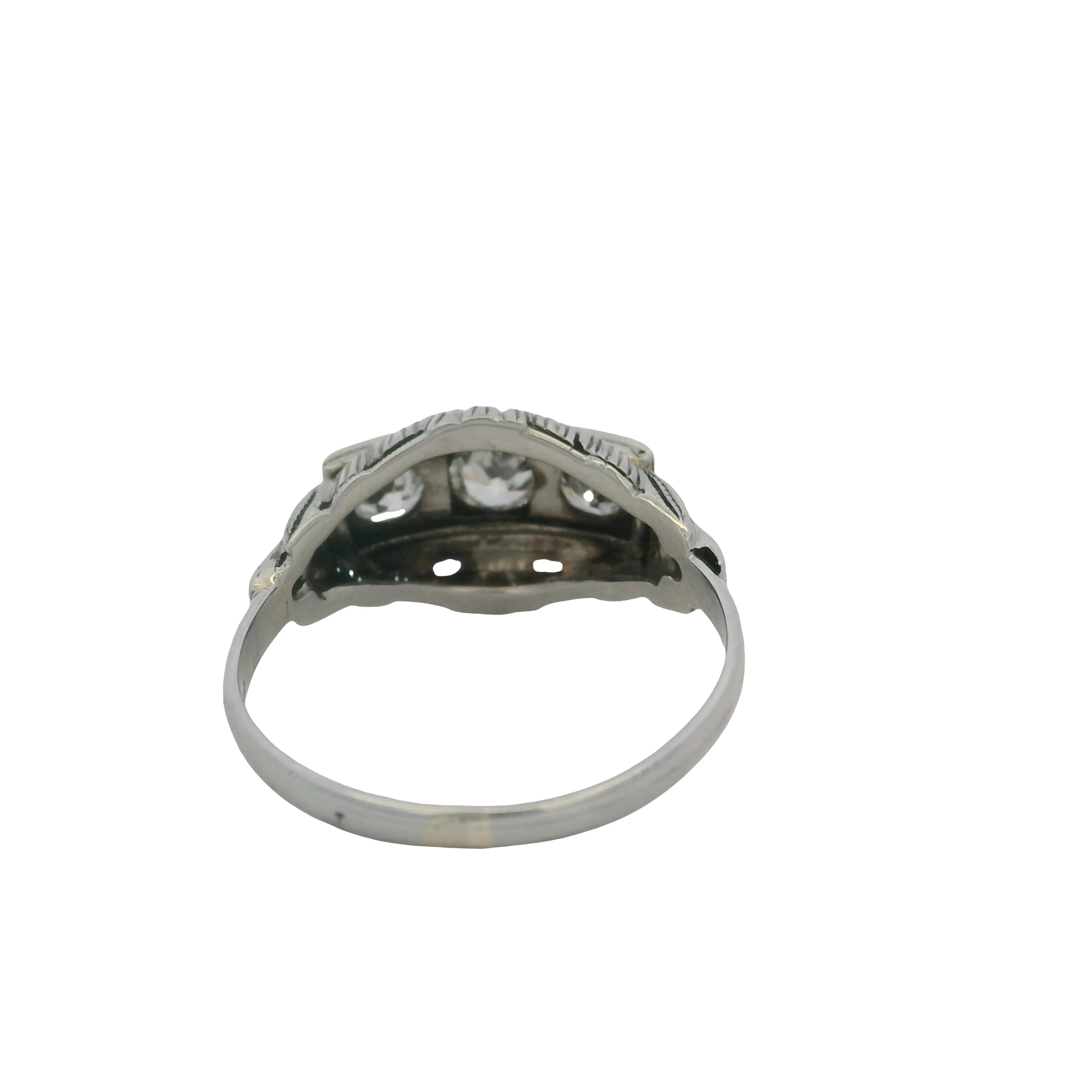 Antique 1910-20s Early Deco 18kt White Gold 3-Stone Old Euro Diamond Ring Size 6 - Image 7