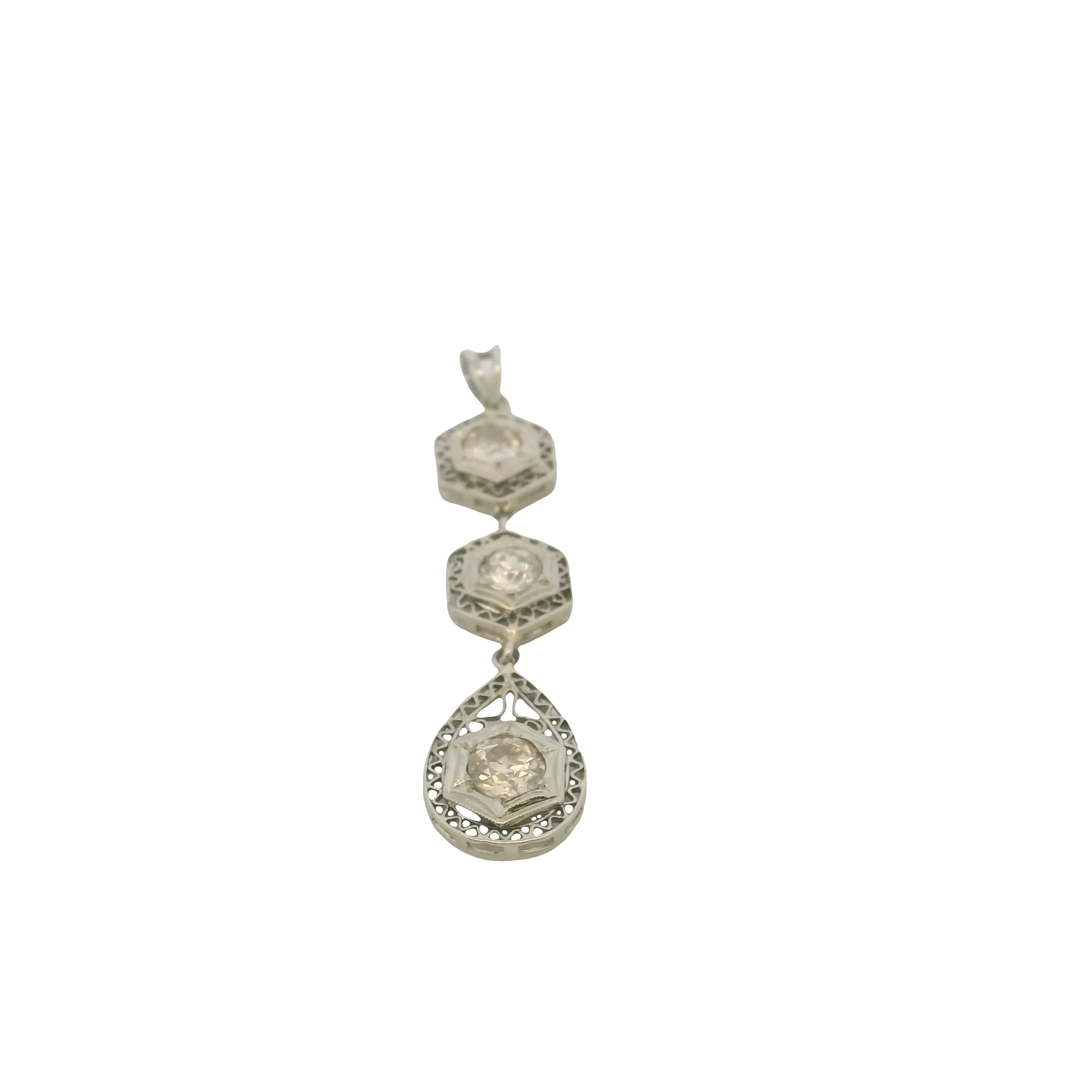 Antique 1910-20s Solid 14kt White Gold Filigree 0.65ctw Old Euro Diamond 3-Tier Drop Deco Pendant - Image 2