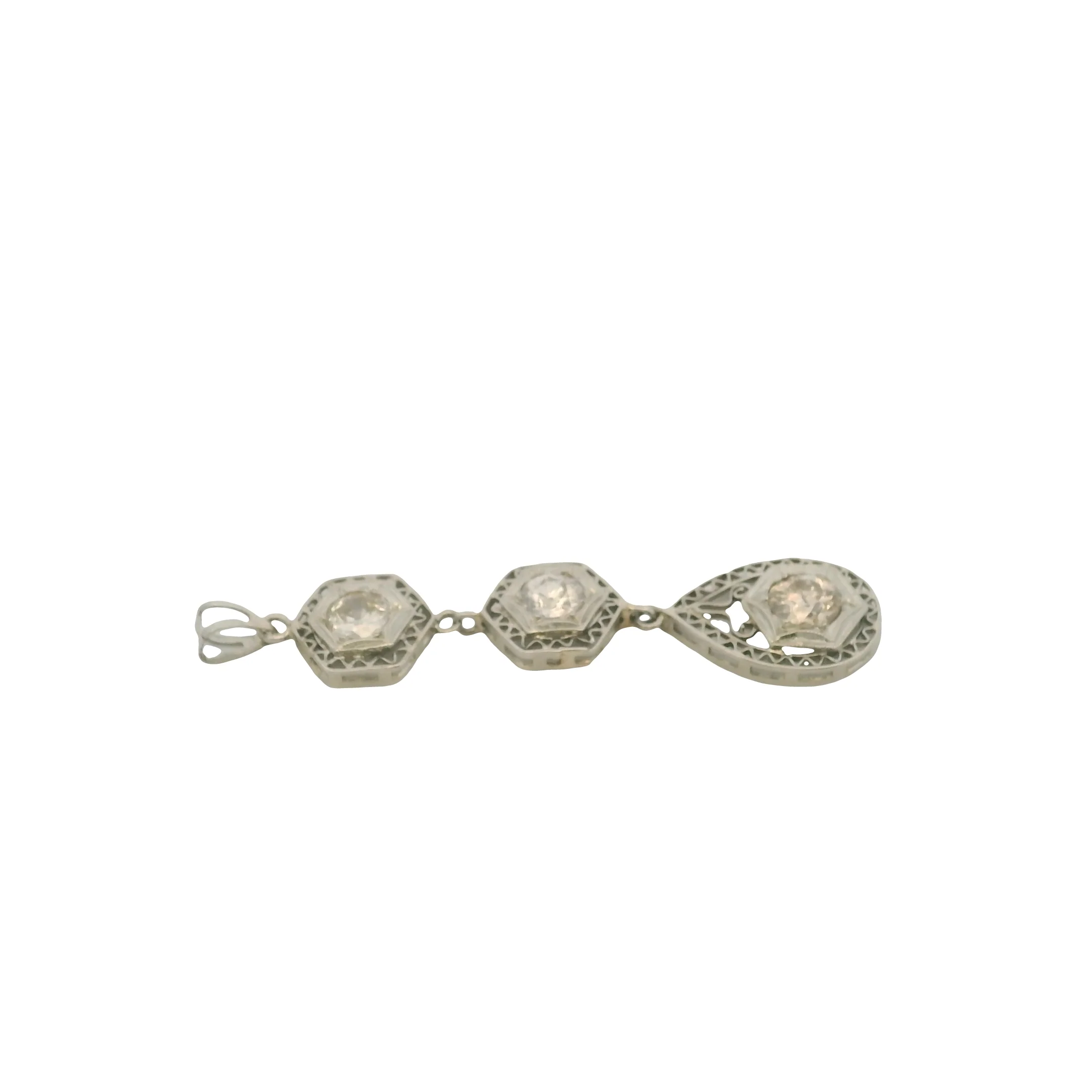 Antique 1910-20s Solid 14kt White Gold Filigree 0.65ctw Old Euro Diamond 3-Tier Drop Deco Pendant - Image 4