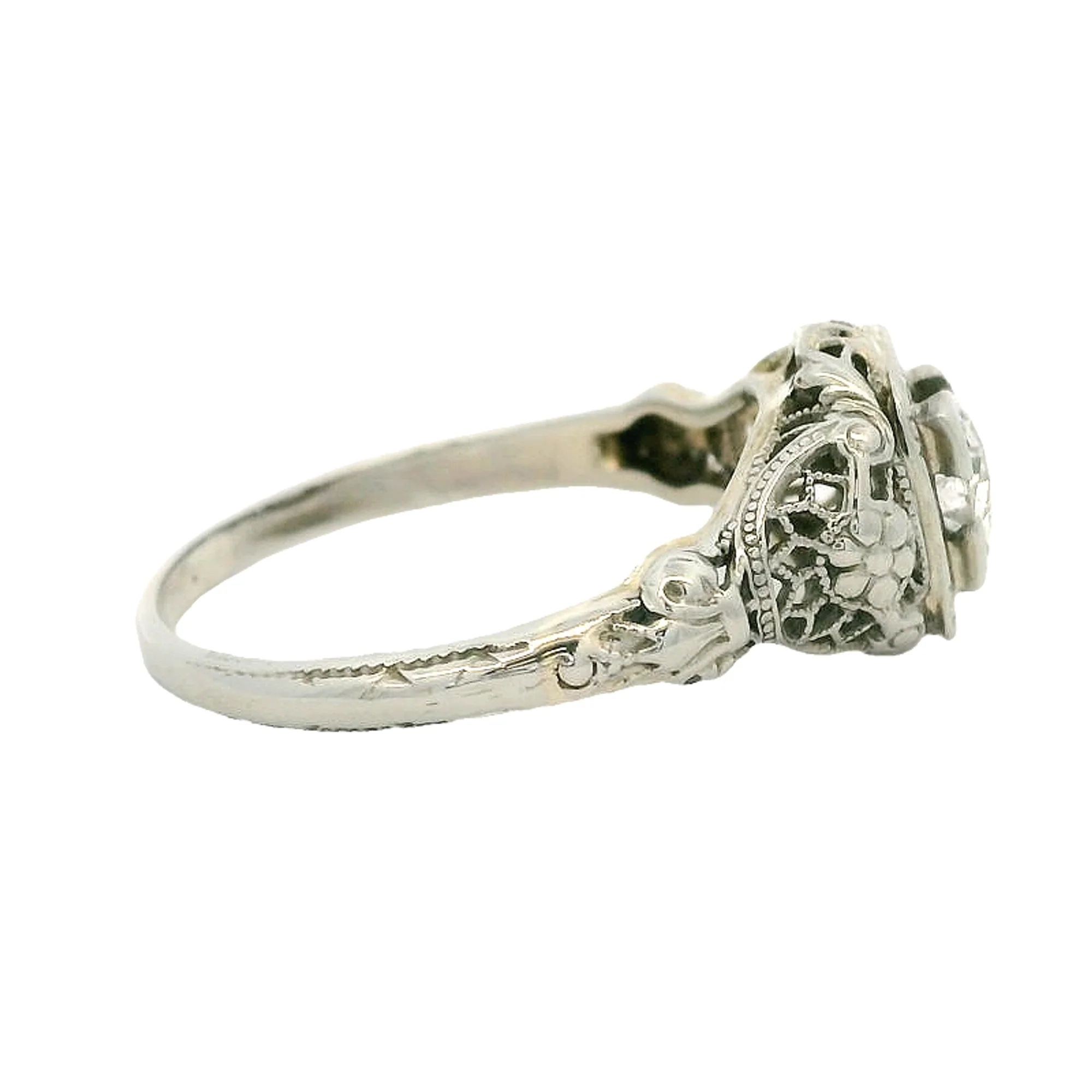 Antique 1910-20s Solid 18kt White Gold and Transitional Cut Diamond Solitaire Filigree Ring with Small Floral Details Size 7 - Image 2