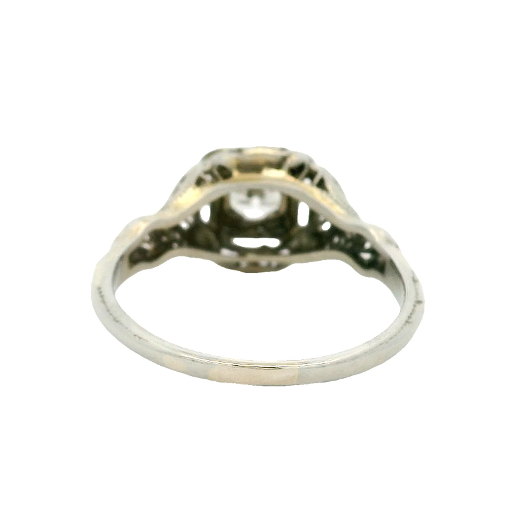 Antique 1910-20s Solid 18kt White Gold and Transitional Cut Diamond Solitaire Filigree Ring with Small Floral Details Size 7 - Image 4