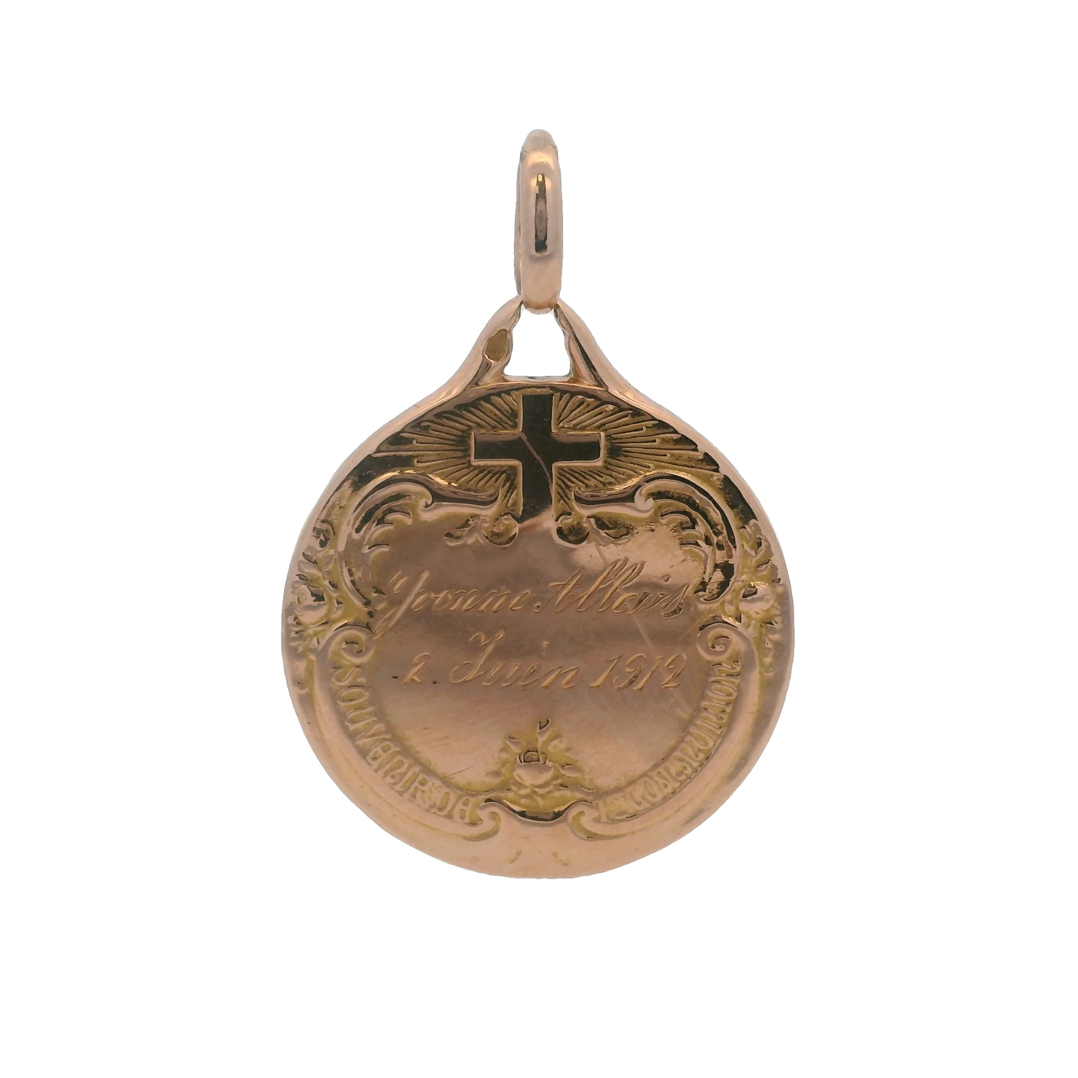 Antique 1912 French Solid 18kt Rose Gold Religious Holy Communion Circle Pendant Engraved - Image 4