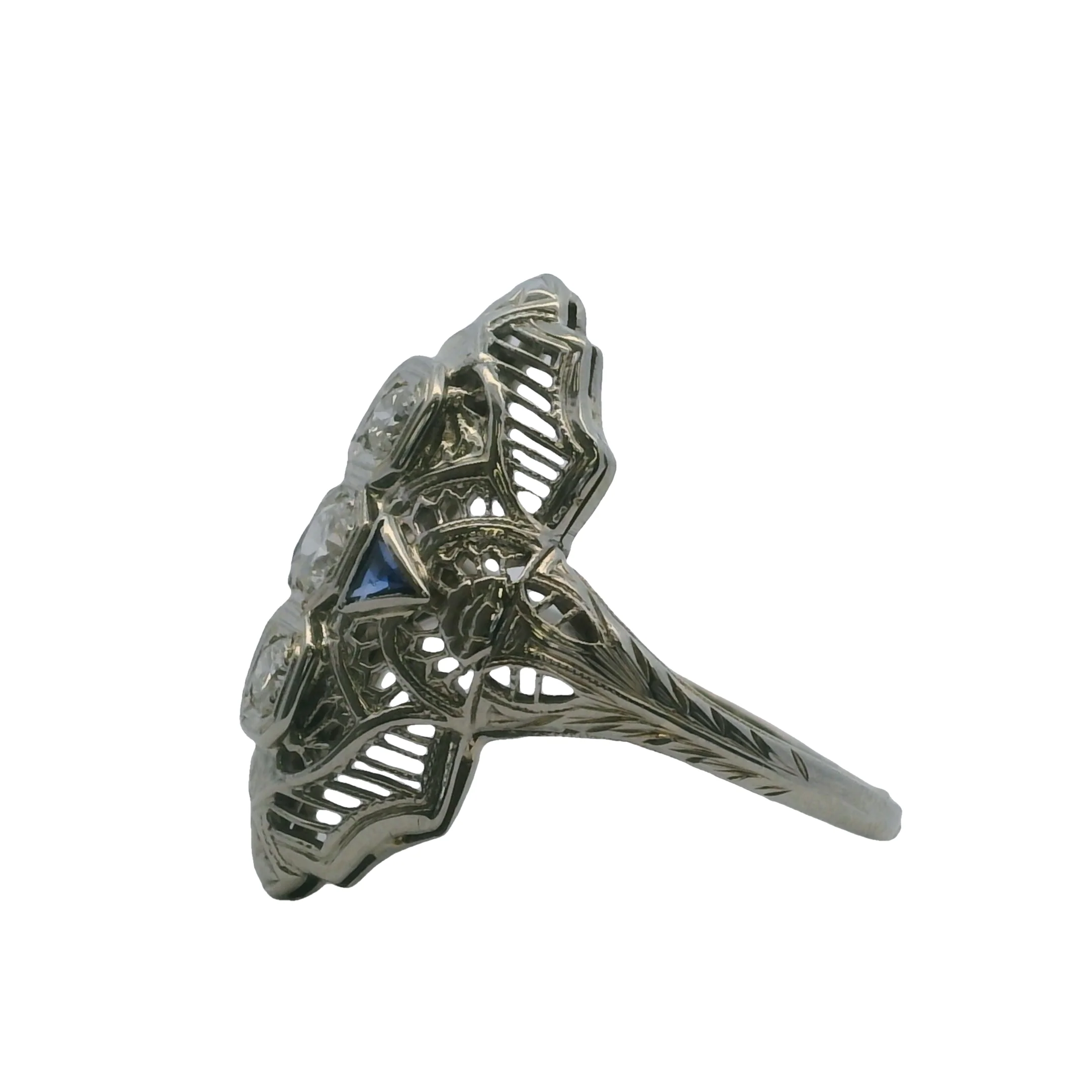 Antique 1920-30s Art Deco 18kt White Gold 3 Diamond and Lab Sapphire Filigree Dinner Ring Size 7.75 - Image 2