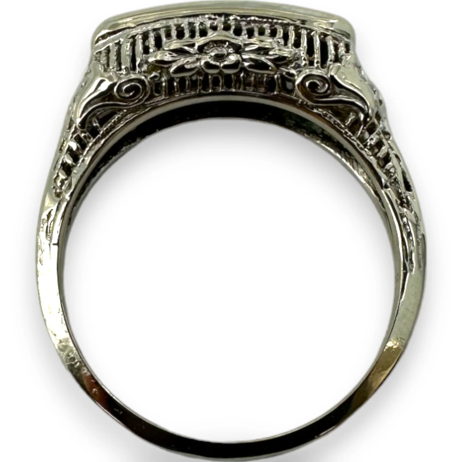 Antique 1920-30s Art Deco Filigree 3-Stone Diamond Solid 14kt White Gold Cocktail Wedding Engagement Ring Size 9 - Image 5