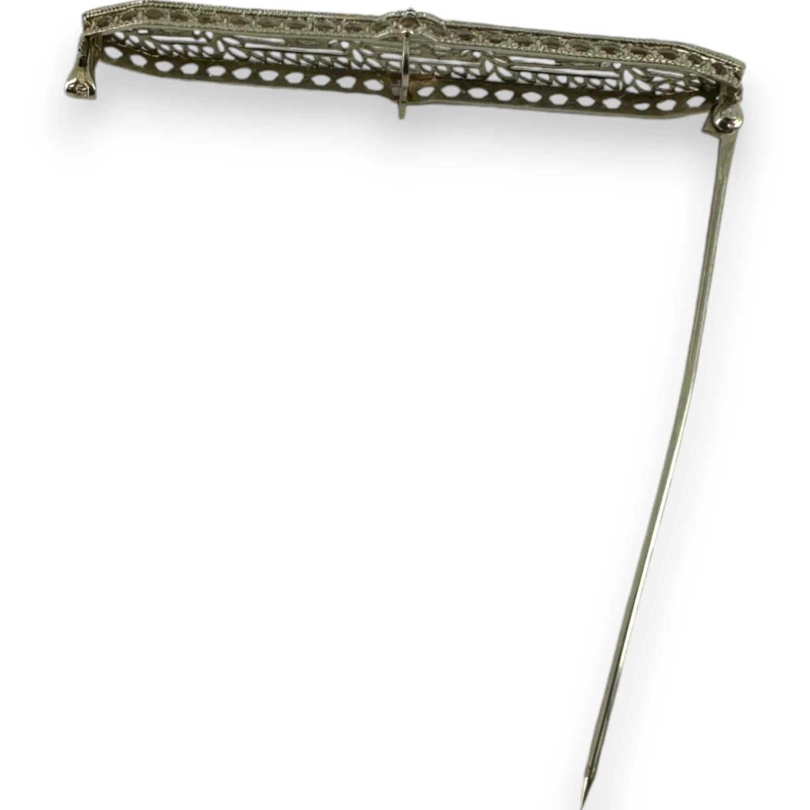 Antique 1920s 14kt White Gold Filigree Bar Brooch Pin with Floral Motif - Image 4
