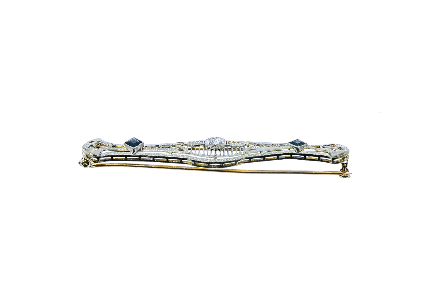 Antique 1920s Art Deco Diamond & Sapphire Filigree 2.5" Solid 14K 585 White & Yellow Gold Brooch - Image 2