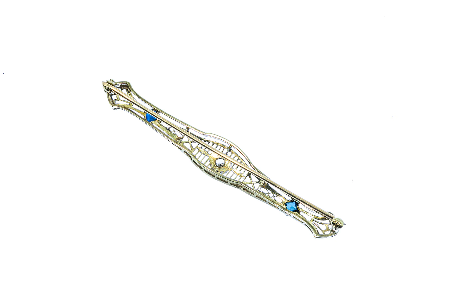 Antique 1920s Art Deco Diamond & Sapphire Filigree 2.5" Solid 14K 585 White & Yellow Gold Brooch - Image 3
