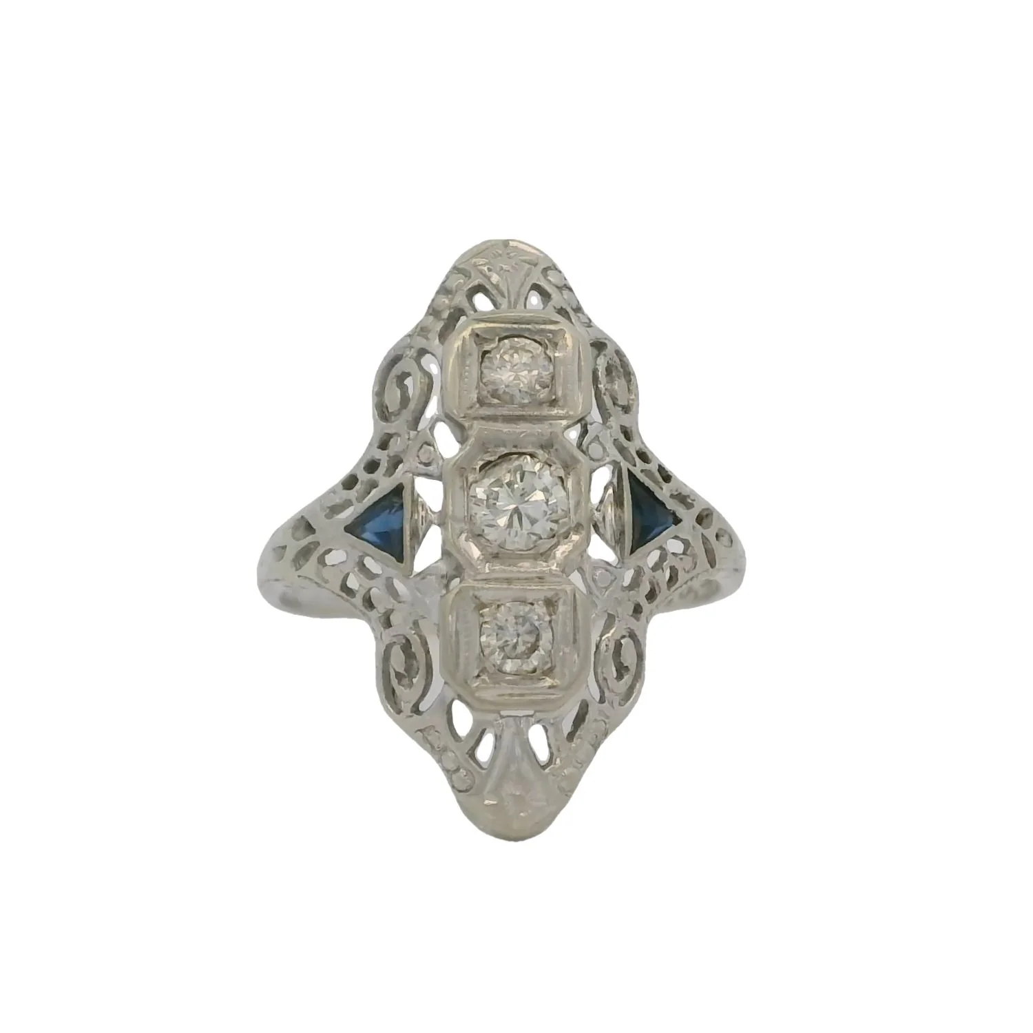 Antique 1920s Art Deco Solid 18kt White Gold 0.29ctw Diamond and Lab Sapphire Filigree Dinner Ring Size 6.5 - Image 2