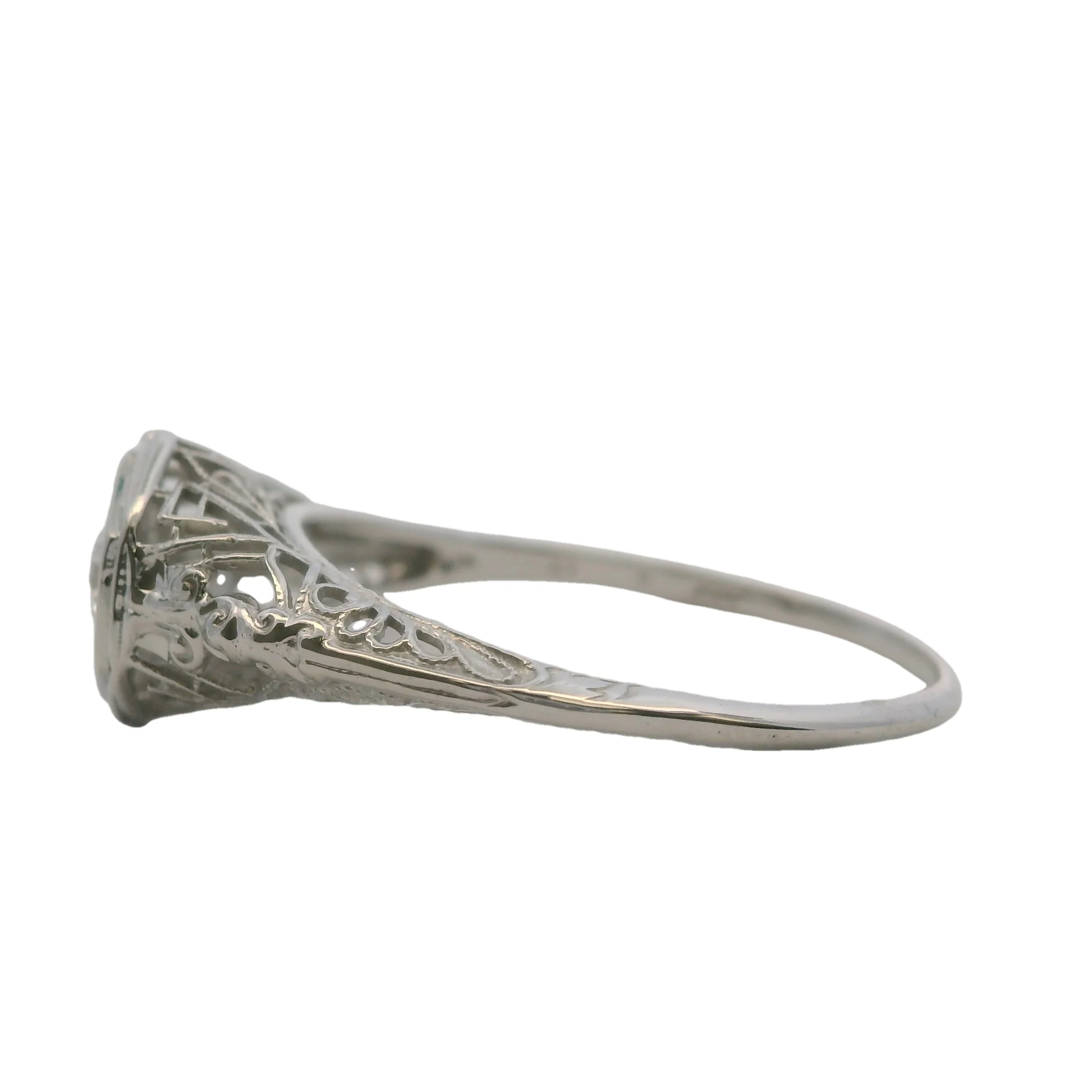 Antique 1920s Art Deco Solid 18kt White Gold Filigree Hexagon Ring with Transitional Cut Diamond Size 9 - Image 2