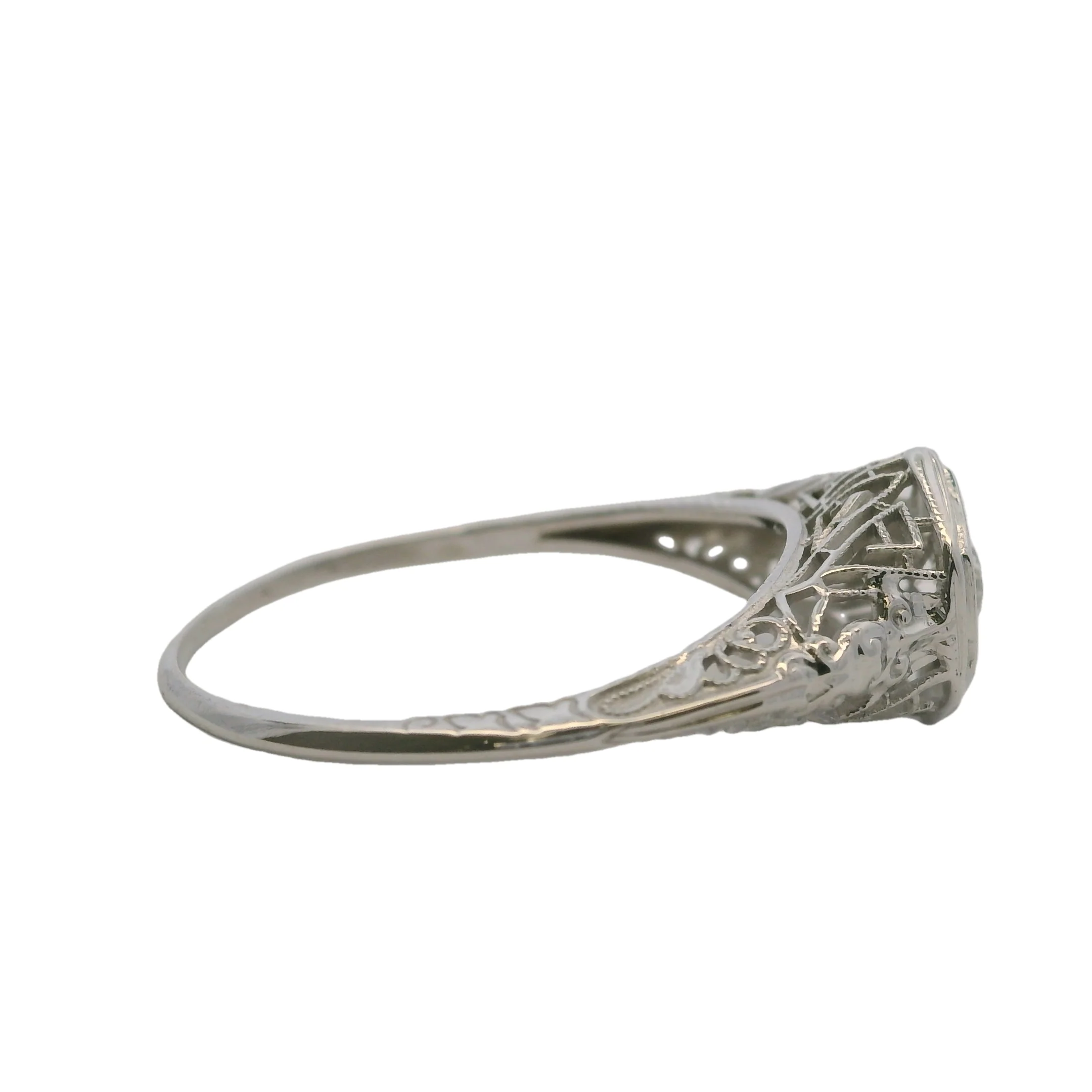 Antique 1920s Art Deco Solid 18kt White Gold Filigree Hexagon Ring with Transitional Cut Diamond Size 9 - Image 3