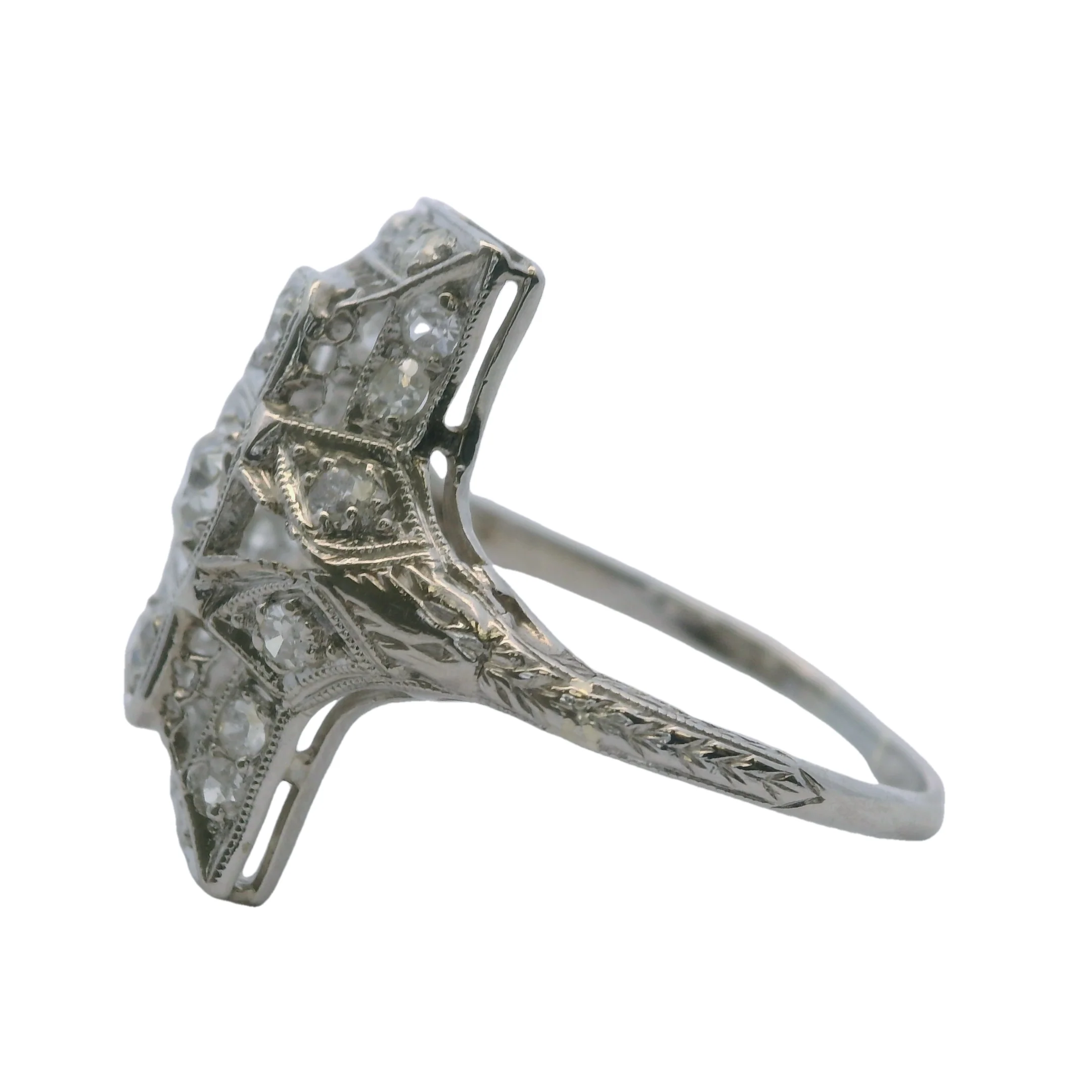 Antique 1920s Platinum and Old Mine and Old European Diamond Filigree Dinner Ring Size 8 - Image 2