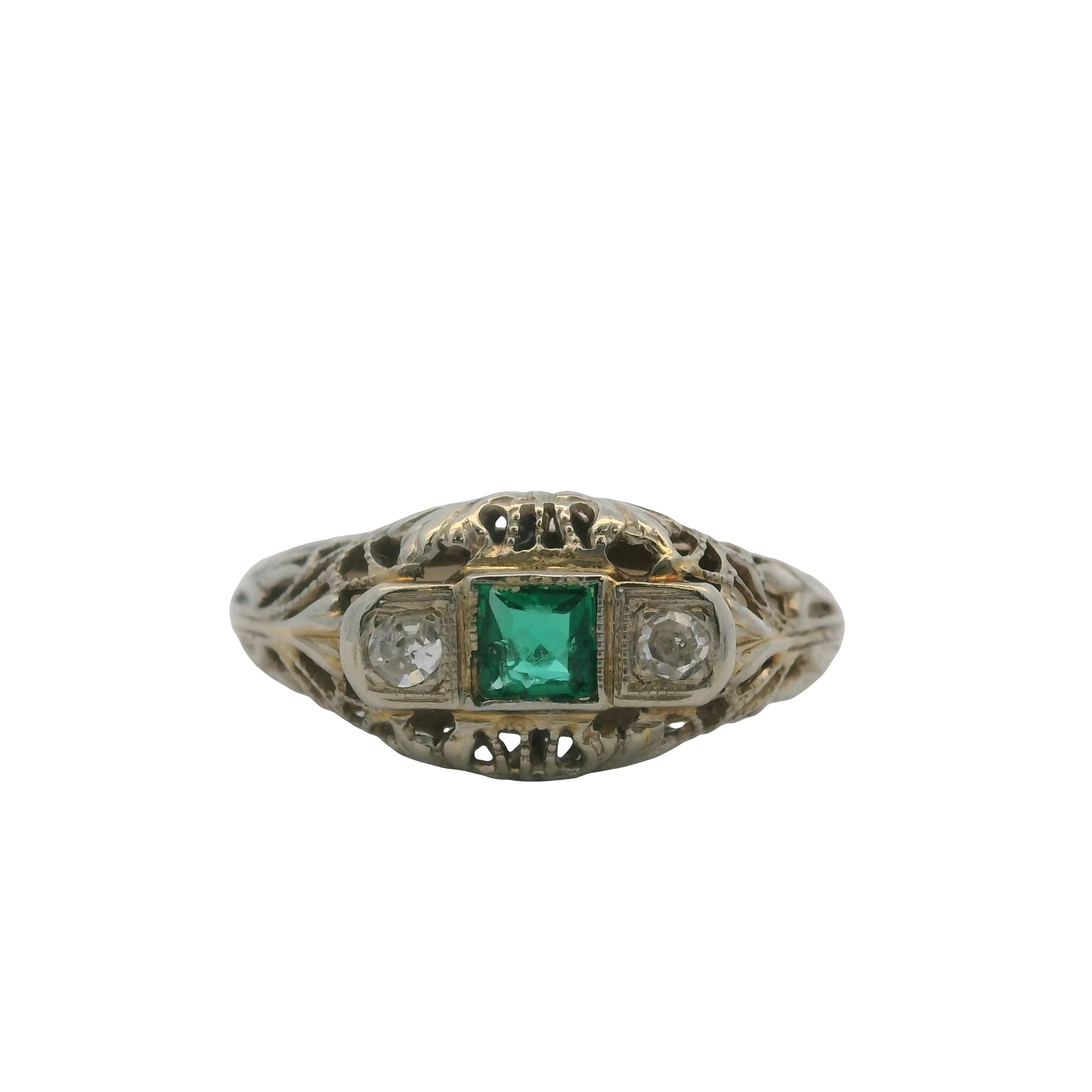 Antique 1920s Solid 14kt White Gold, Diamond, and Glass Emerald 3-Stone Ring Size 2.5