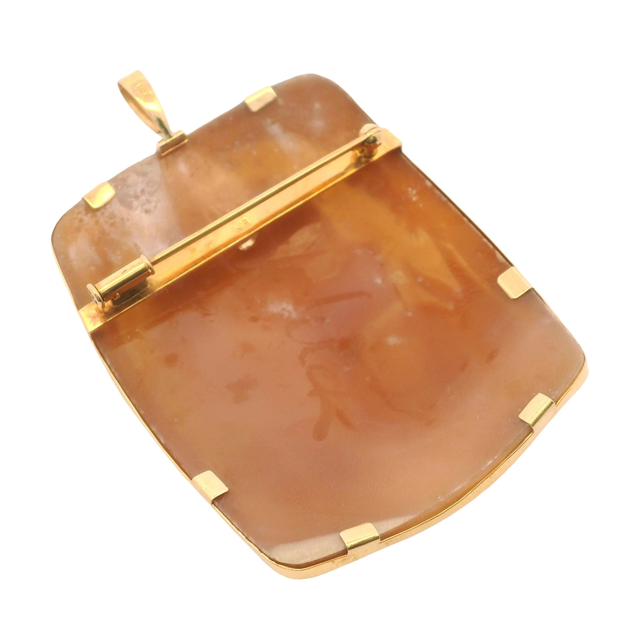 Antique 1930-50s Solid 18kt Yellow Gold Frame Conch Shell 3D Hand Carved Cameo Pin/Pendant Signed By Designer - Image 5