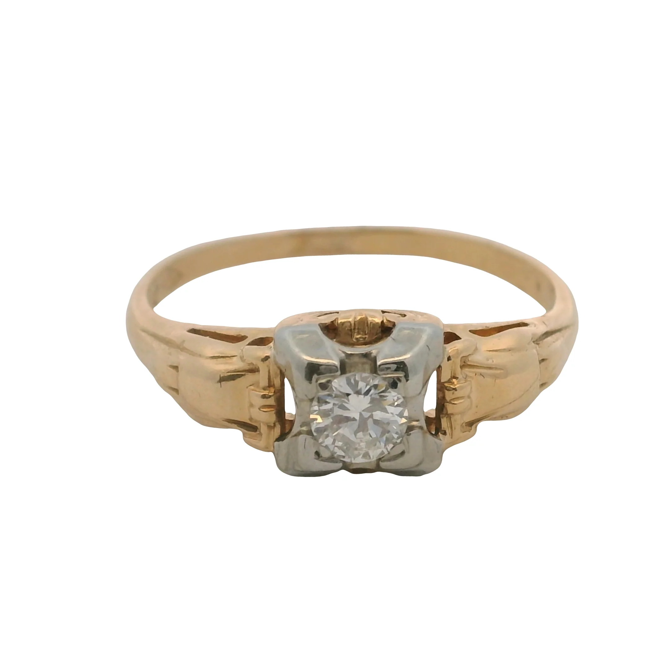 Antique 1930s 14kt White and Yellow Gold Art Deco Solitaire Diamond Ring Size 7 - Image 3