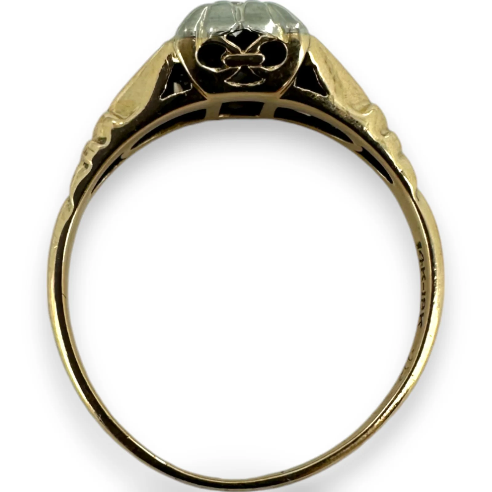 Antique 1930s Art Deco 14kt Yellow and 18kt White Gold Diamond Solitaire Ring with Shoulder Details Size 6.5 - Image 5