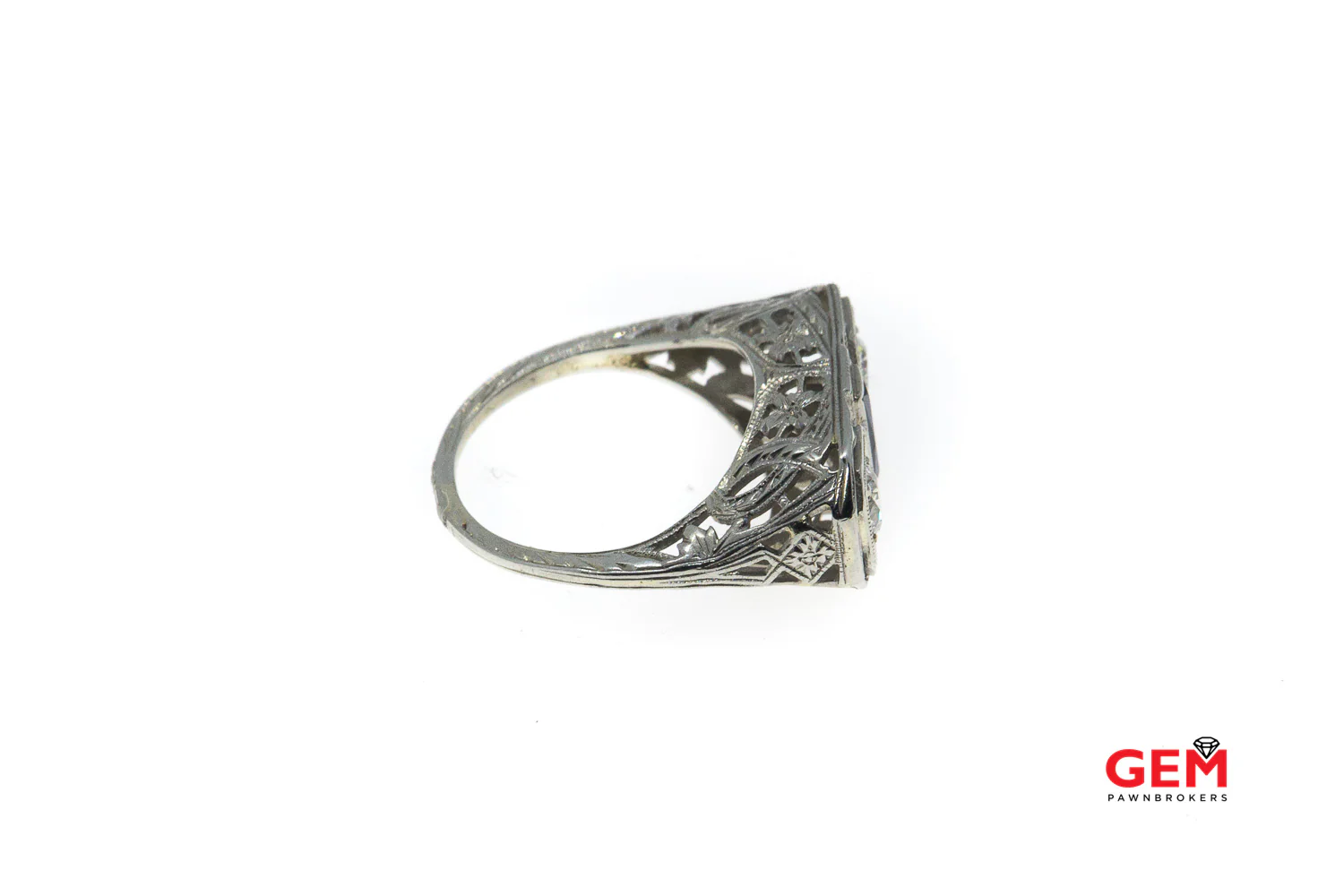 Antique Art Deco Filigree Diamond Sapphire 14k 585 White Gold Ring Size 4 - Image 3
