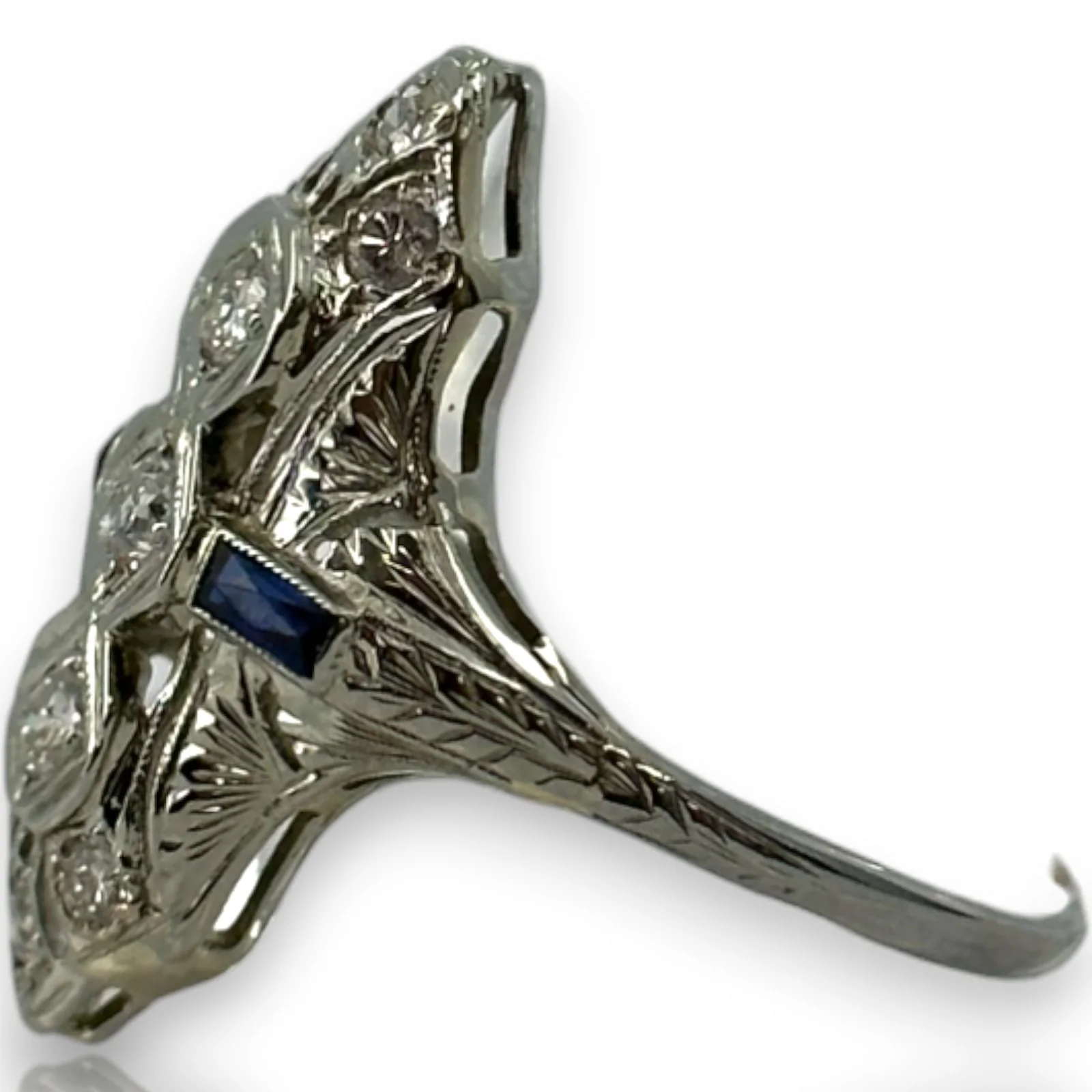 Antique Art Deco Late-1920s Filigree Solid 18kt White Gold and Transitional Cut Diamond Dinner Ring with Lab Sapphire and Older Cut Diamond Accents Size 9.5 - Image 3