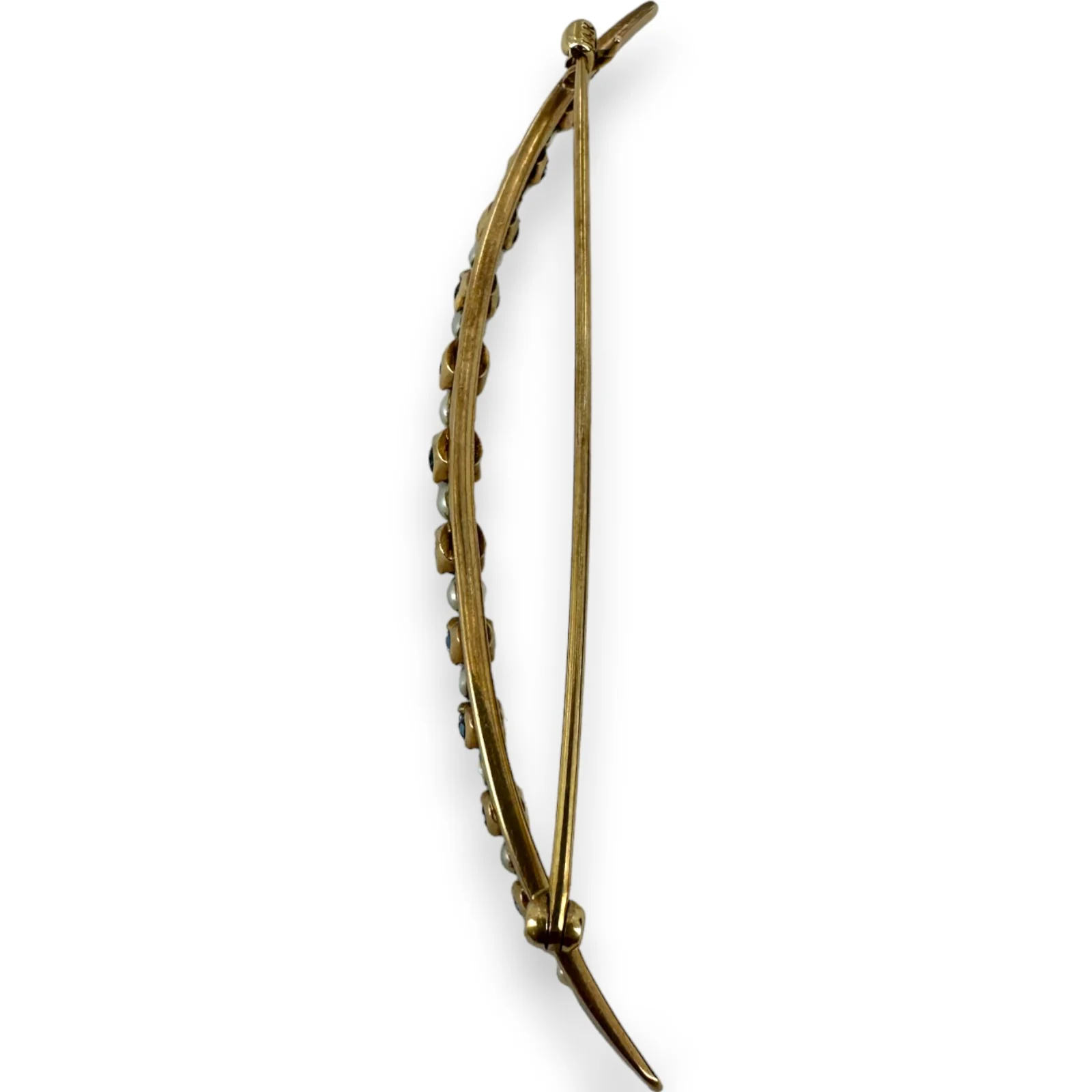 Antique c1910s Montana Sapphire & Pearl Crescent Pin 14k Gold - Image 4