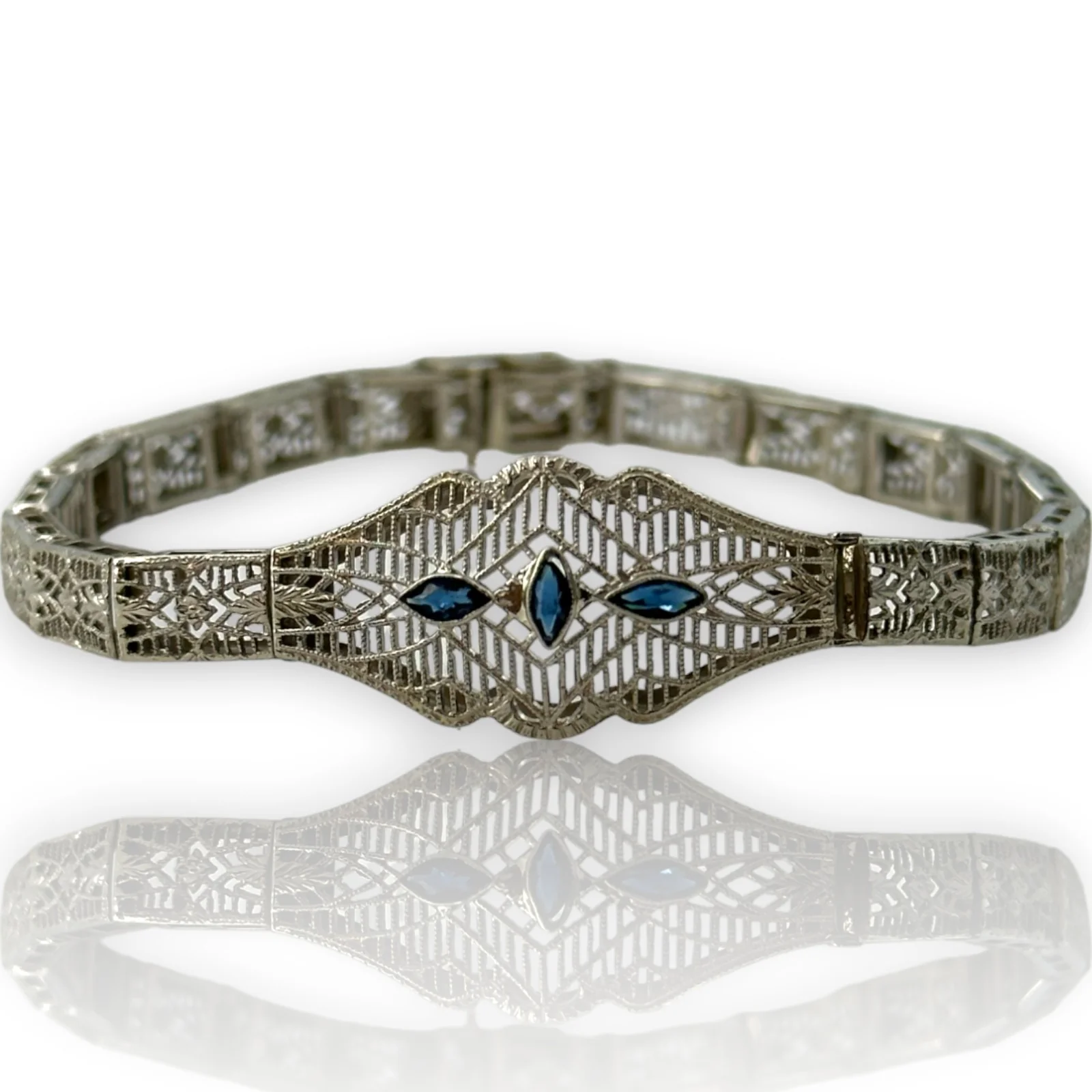 Antique c1920s Die-Struck Solid 14kt White Gold Filigree Openwork Bracelet with Lab Grown Sapphires Length 6.5" - Image 2