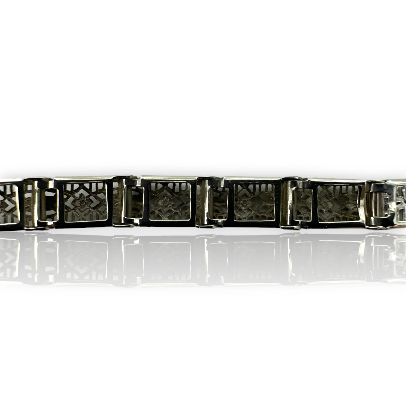 Antique c1920s Die-Struck Solid 14kt White Gold Filigree Openwork Bracelet with Lab Grown Sapphires Length 6.5" - Image 3