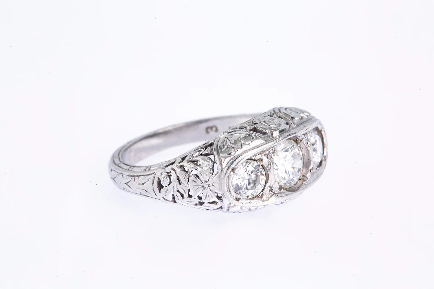 Antique Carved & Pierced Three Stone Diamond Line 950 Platinum Ring Size 6 1/2 - Image 2