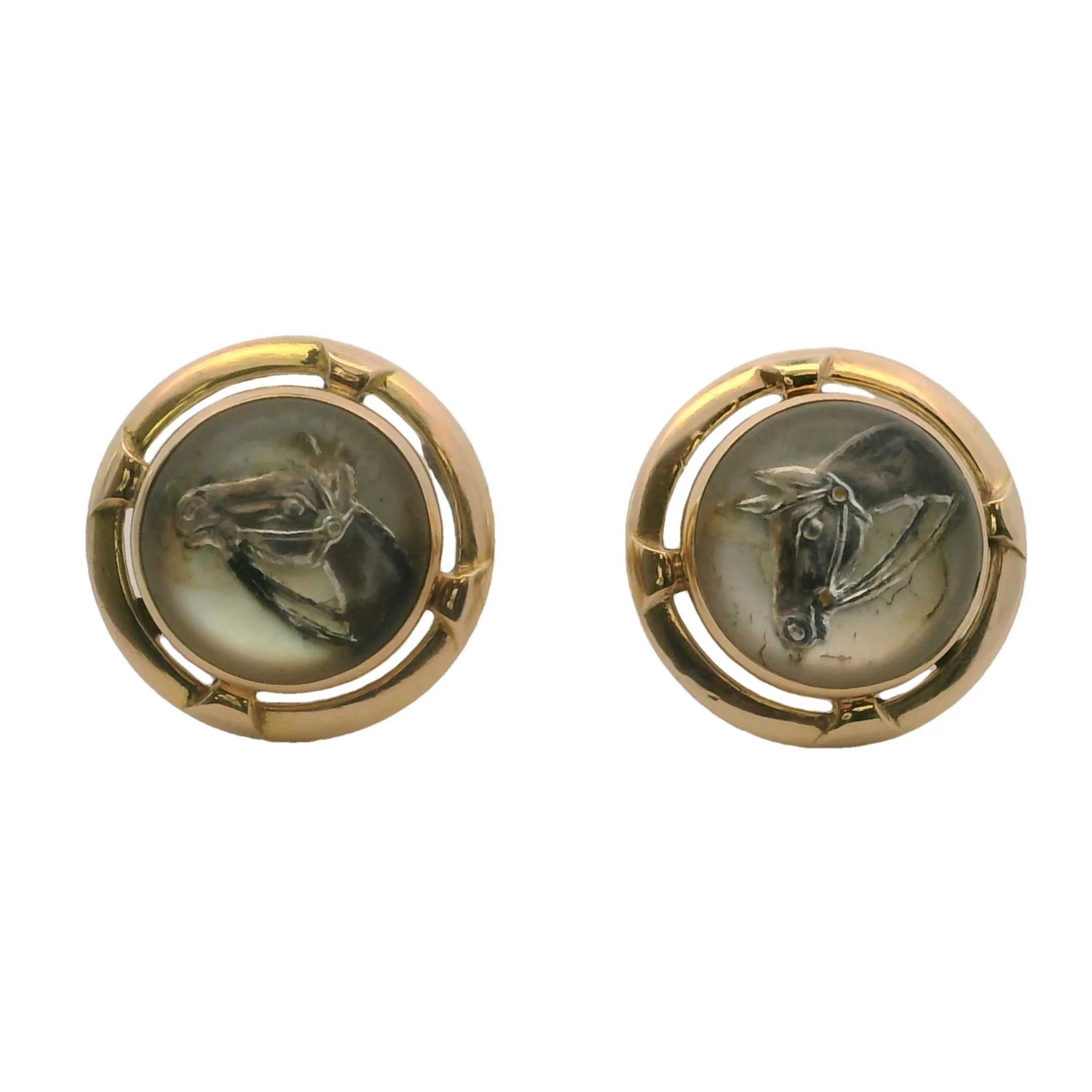 Antique Converted Cufflink 14kt Yellow Gold Essex Painted Glass Horse Pierced Screw-Back Stud Earrings - Image 2
