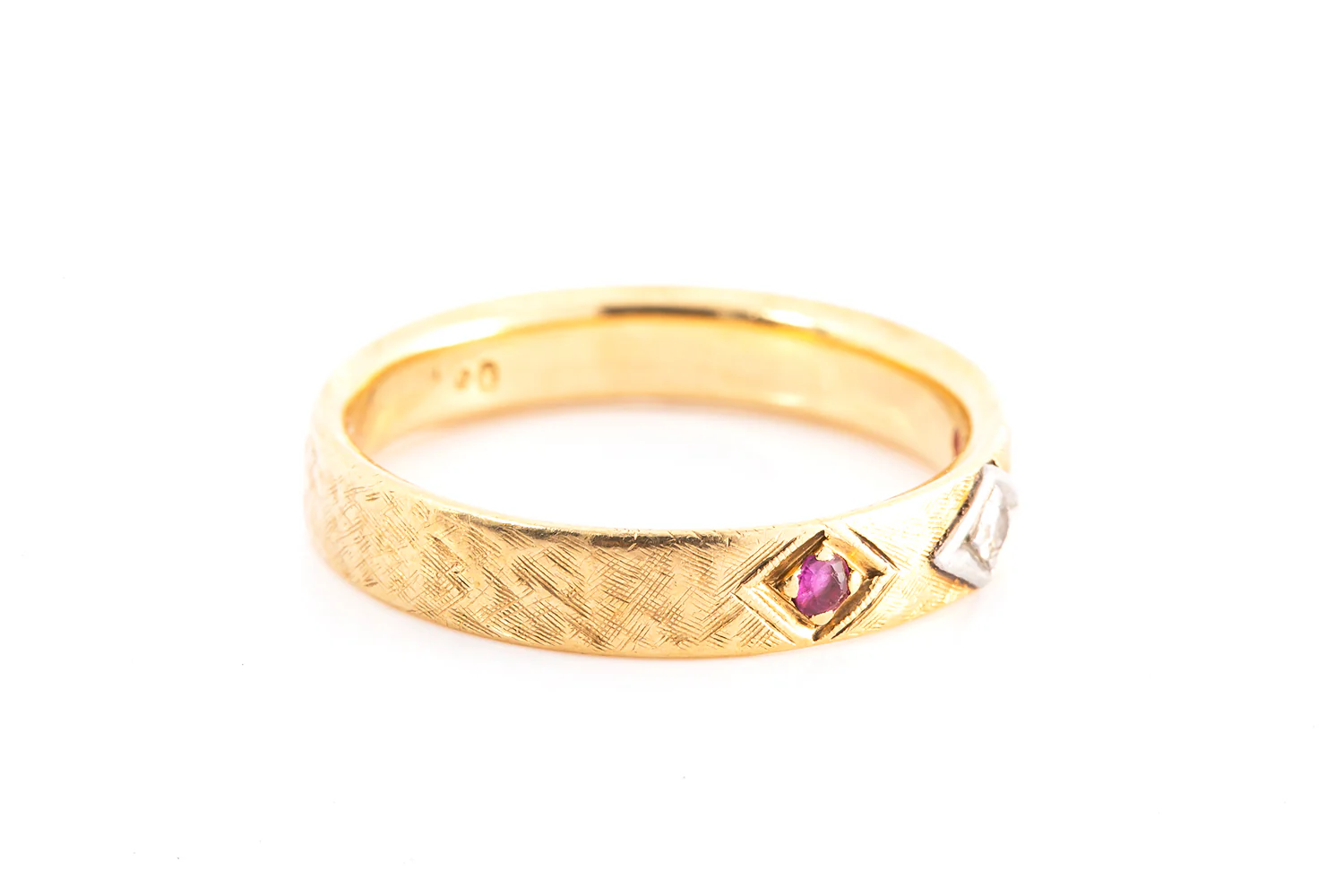 Antique Diamond & Ruby Sateen Finished 14k 585 Yellow Gold Band Ring Size 8 - Image 3