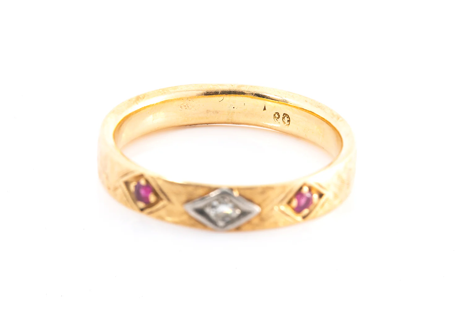 Antique Diamond & Ruby Sateen Finished 14k 585 Yellow Gold Band Ring Size 8 - Image 5
