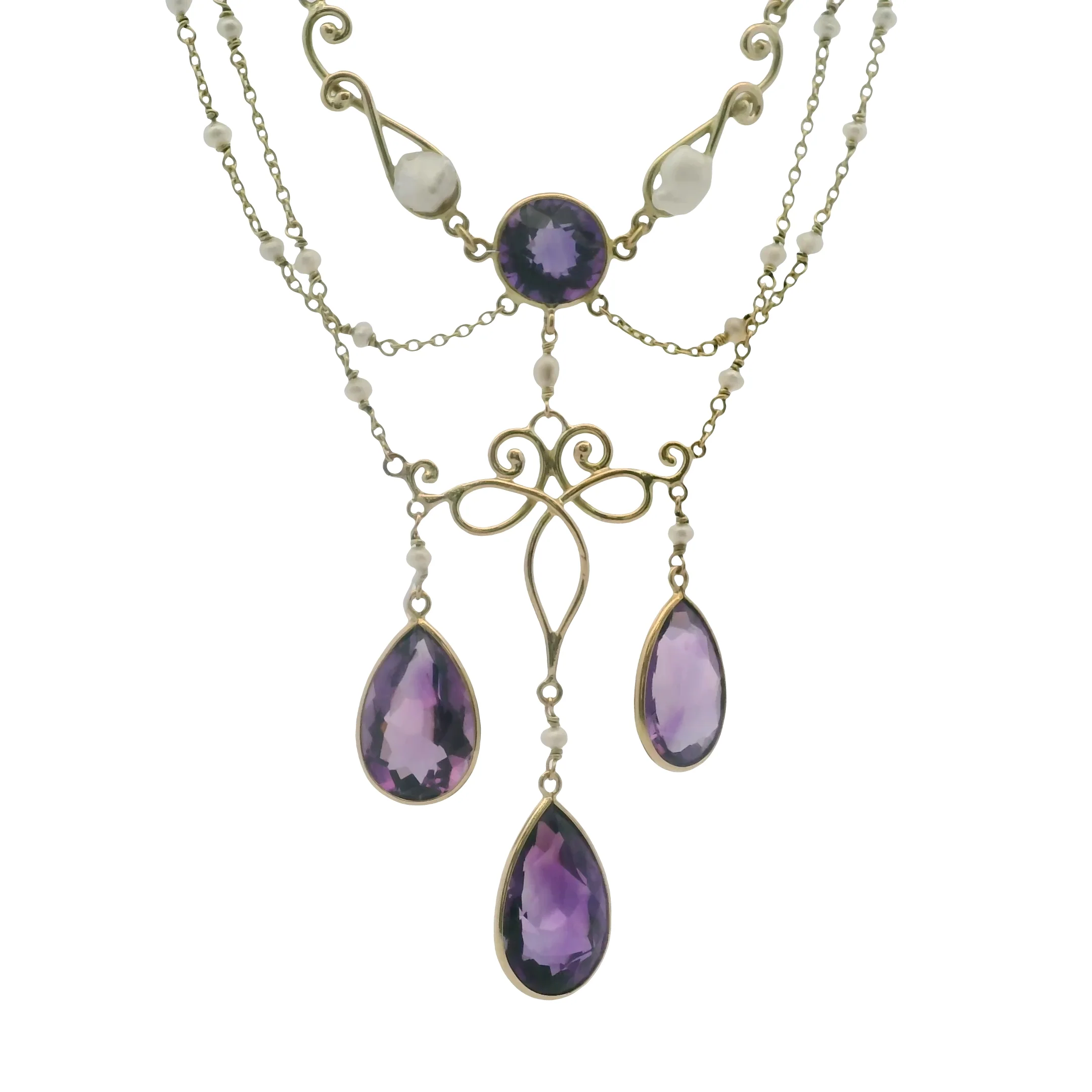 Antique Early 1900s Art Nouveau 14kt Yellow Gold Amethyst and Pearl 14.5" Festoon Necklace - Image 3