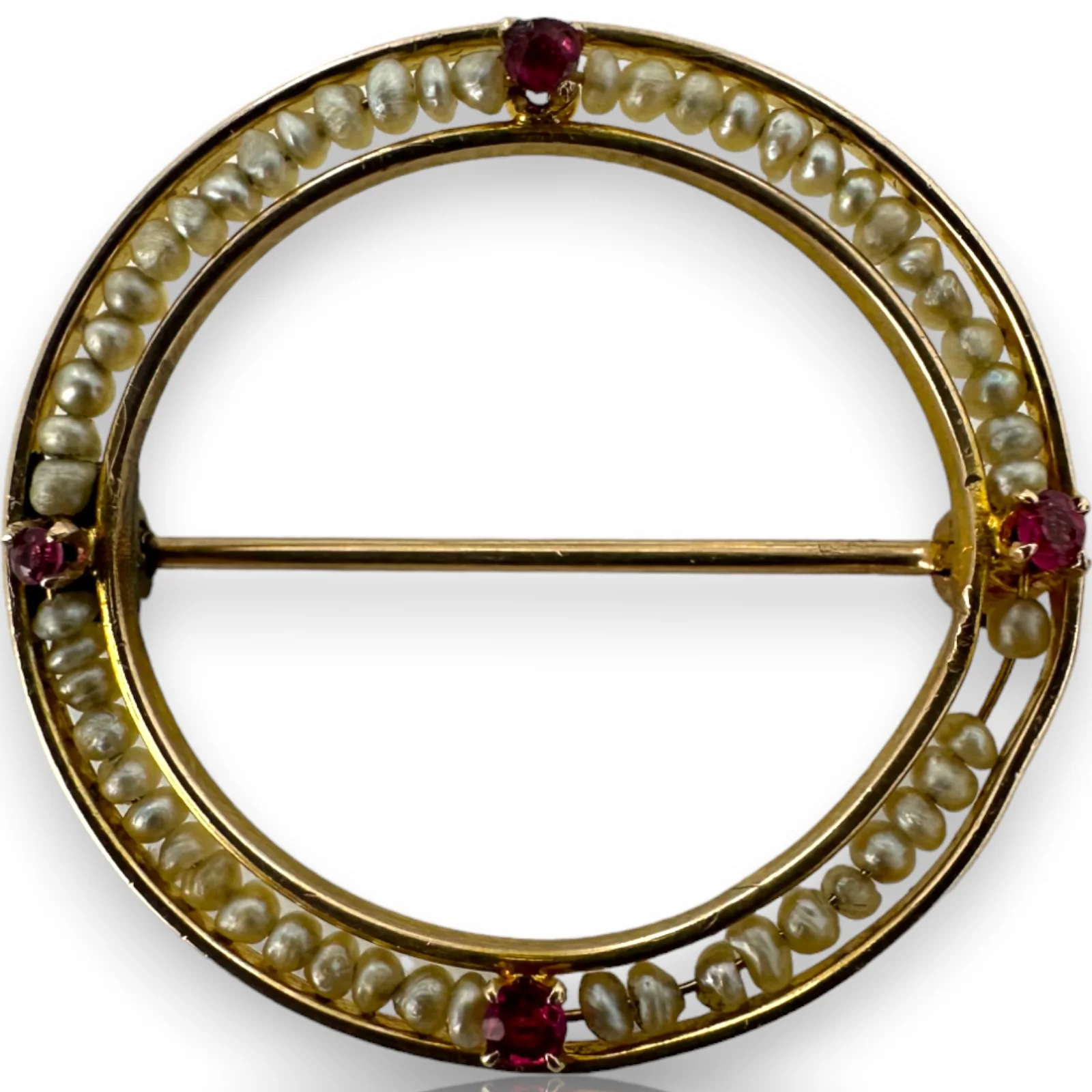 Antique Early 1900s Seed Pearl & Natural Ruby Circle Pin Brooch10k Yellow Gold