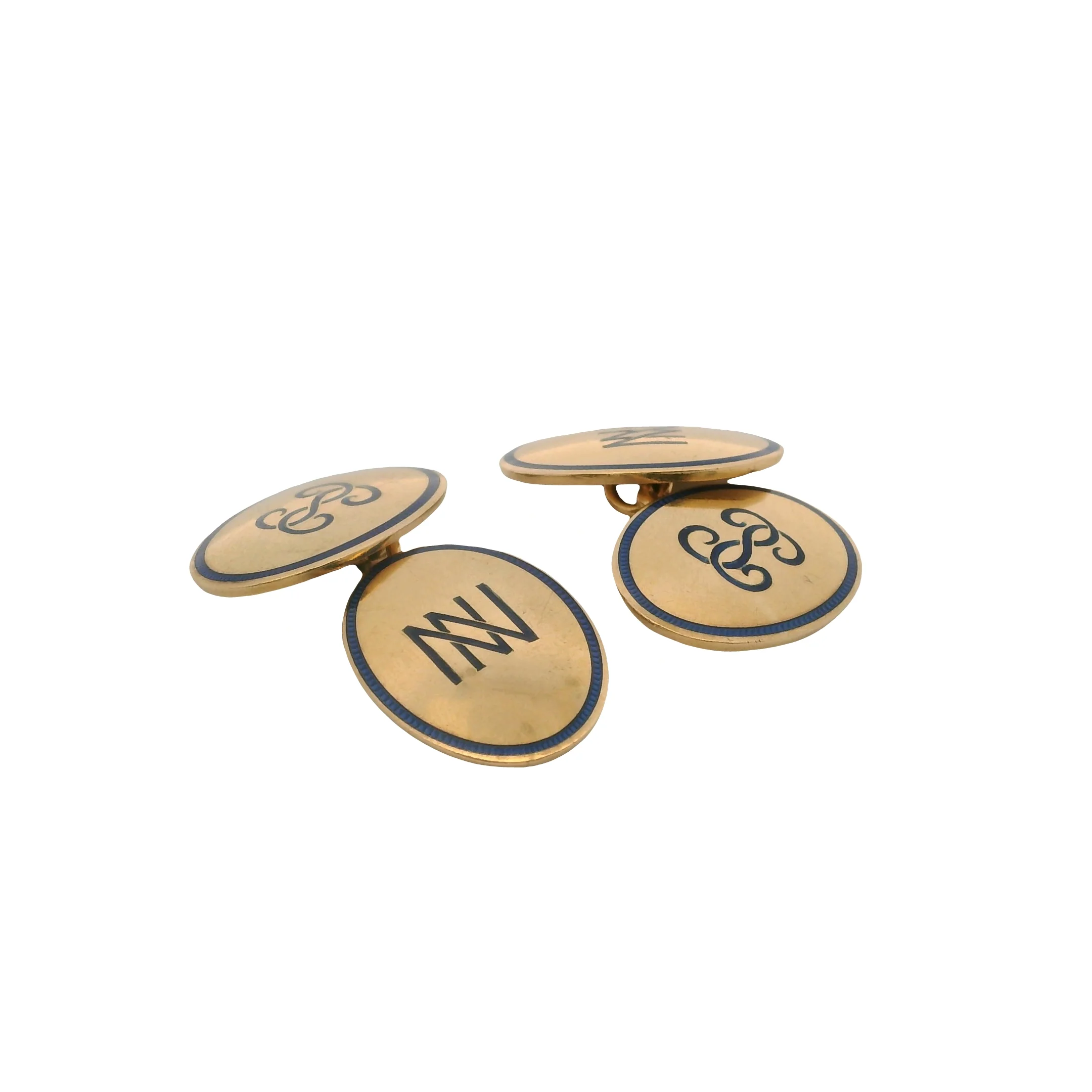 Antique Early 1900s Solid 14kt 585 Yellow Gold and Blue Enamel N Initial 12g Cufflinks - Image 3
