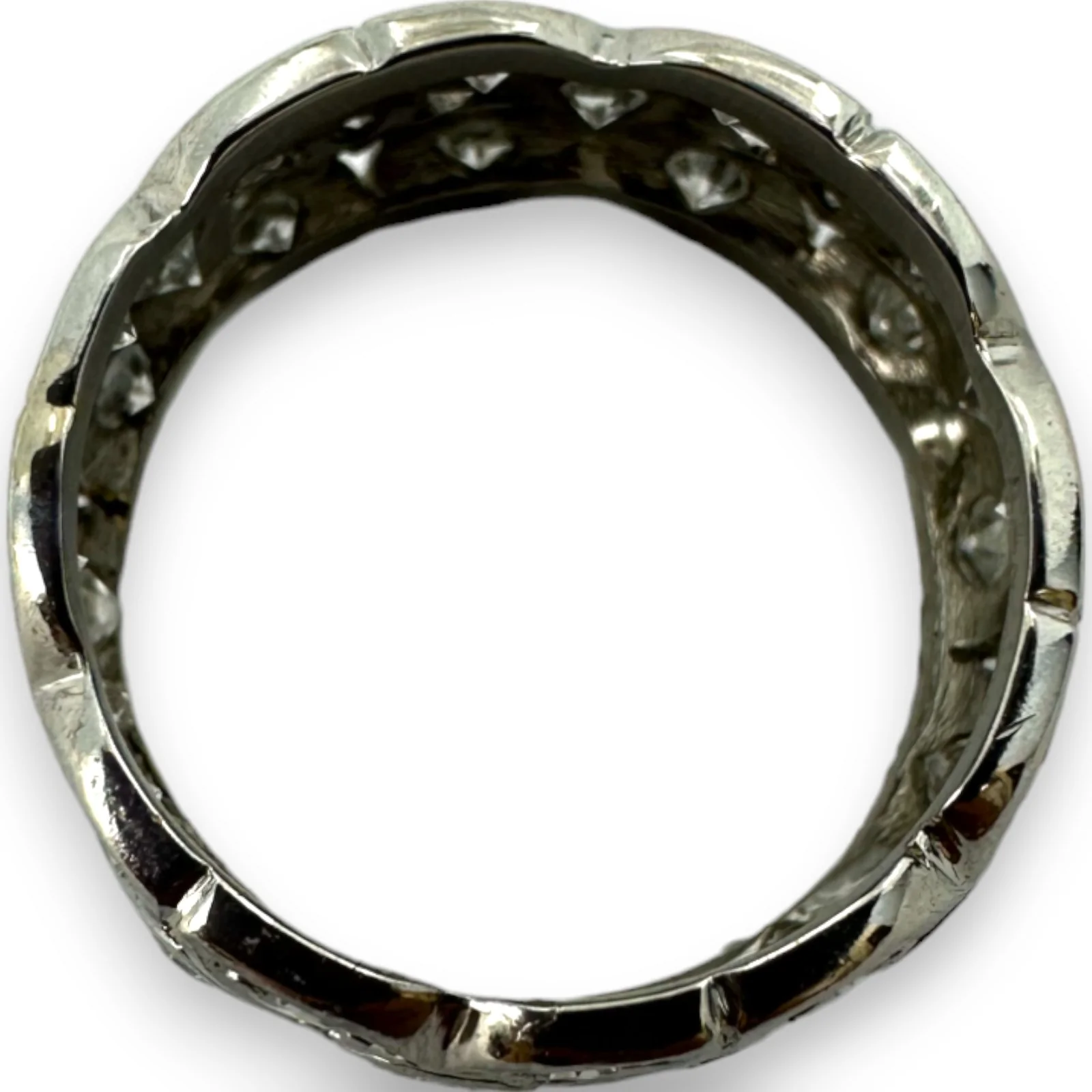 Antique Handmade 1920s Art Deco Solid 900 Platinum Bezel Set Single Cut Diamond Floral Eternity 8.3mm Band Size 5 Ring - Image 4