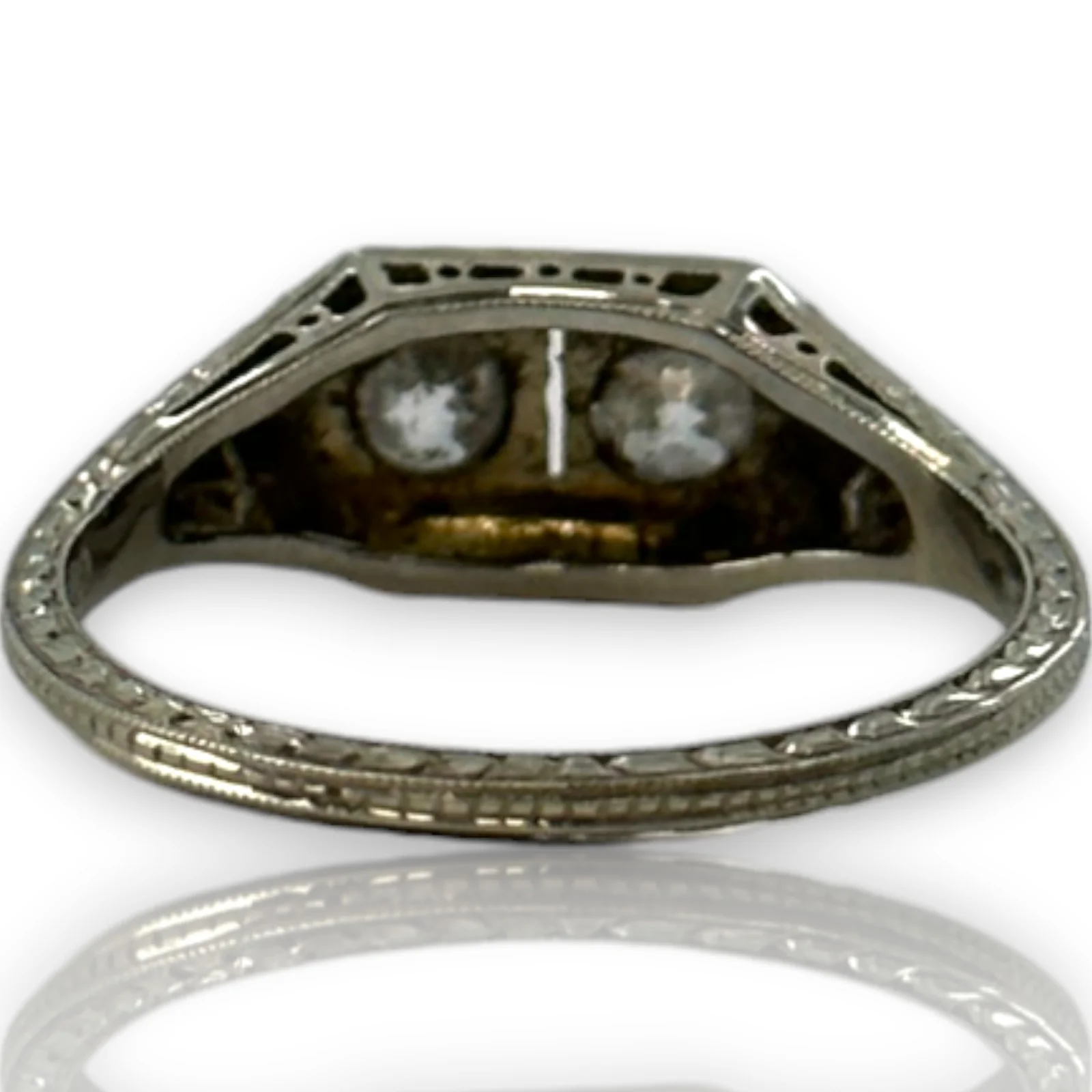 Antique Kinscherf Co. 1920s Art Deco Solid 18kt White Gold 2-Stone Old Mine Cut Diamond Ring Made in New York Size 7.75 - Image 4