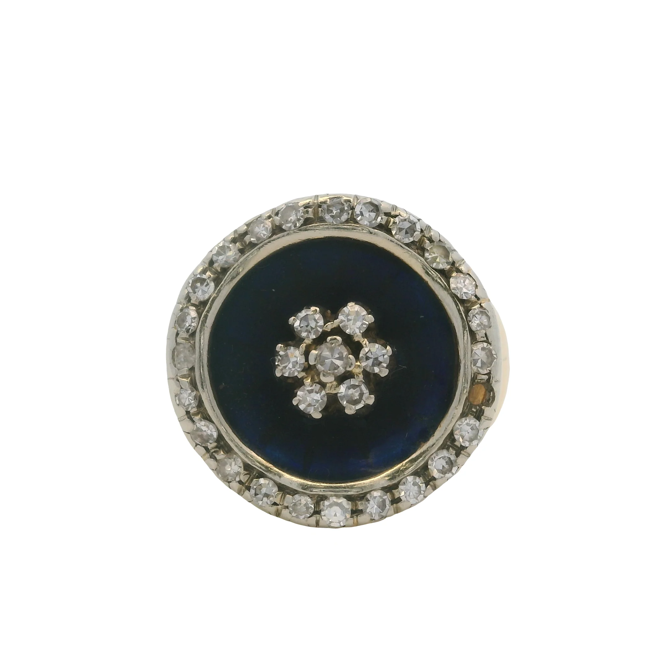 Antique Late Victorian Era 18kt 2-Tone Gold Diamond Cluster and Blue Enamel Circle Cocktail Ring Size 4 - Image 2