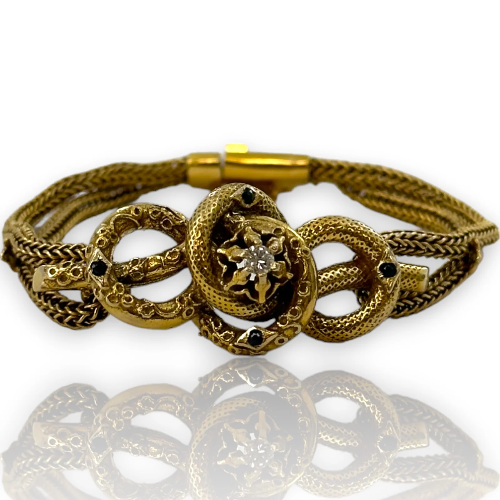 Antique Late Victorian Handmade 14kt Yellow Gold Love Knot/ Snake Bracelet with Center Modern Diamond and Accent Sapphires - Image 2