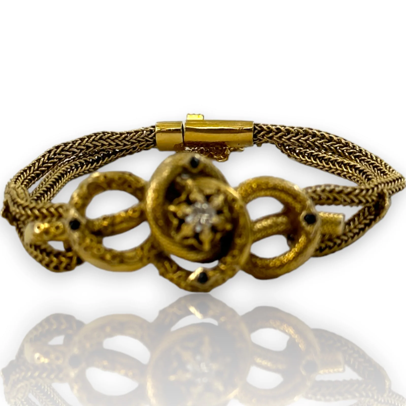Antique Late Victorian Handmade 14kt Yellow Gold Love Knot/ Snake Bracelet with Center Modern Diamond and Accent Sapphires - Image 4